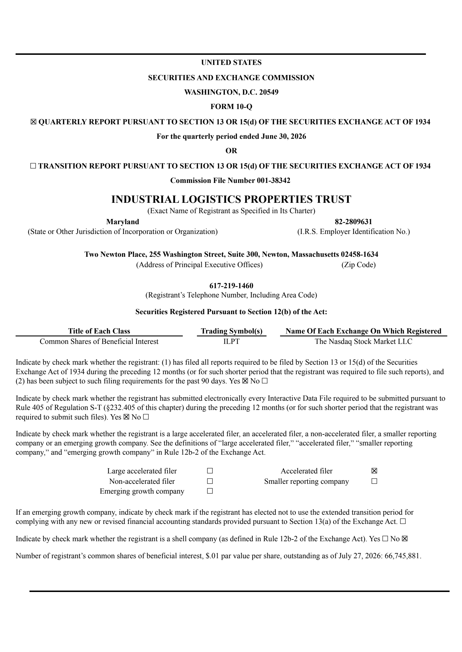 Industrial Logistics Properties Trust's Q2 2026 Quarterly report