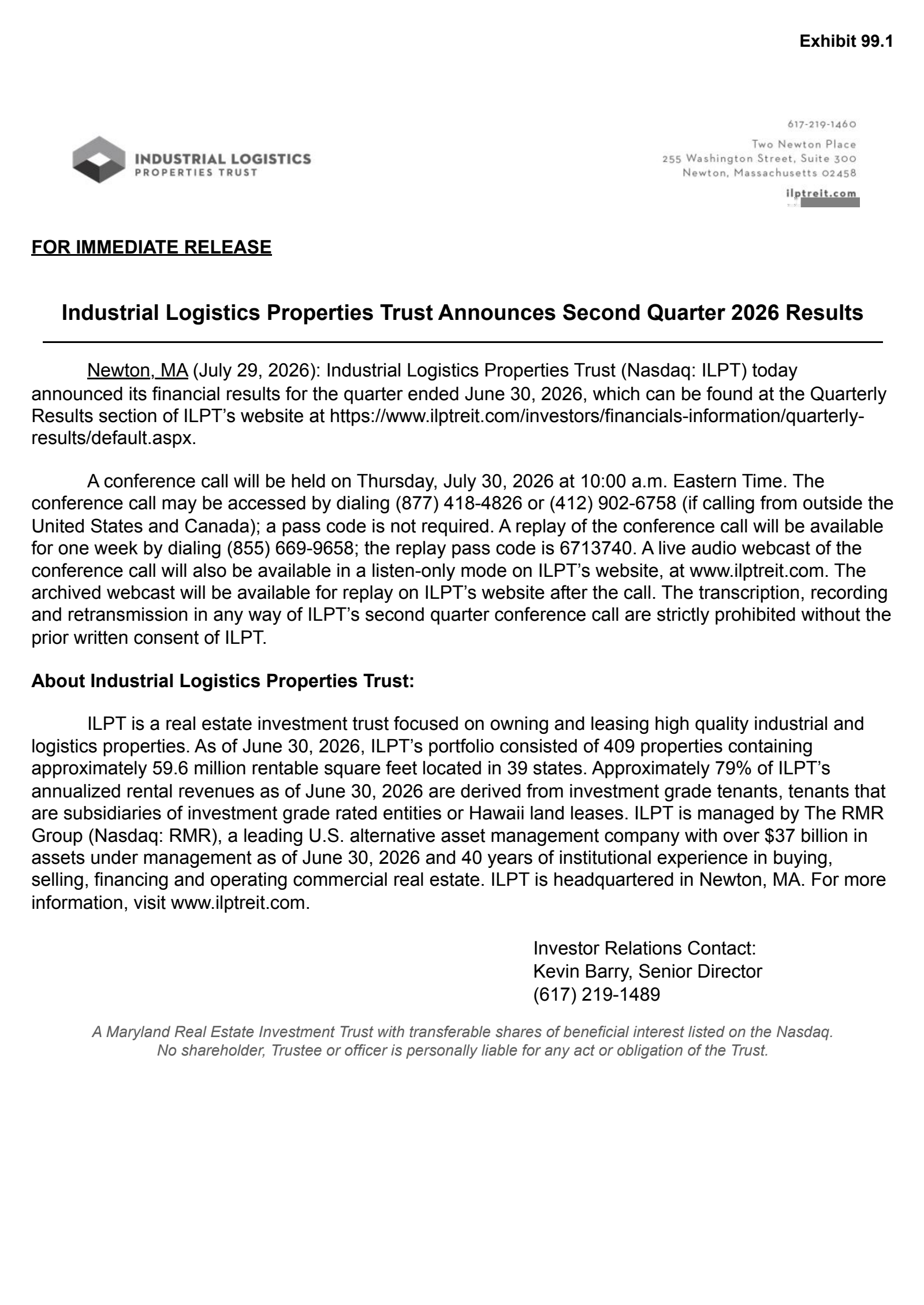 Industrial Logistics Properties Trust's Q2 2026 Press Release