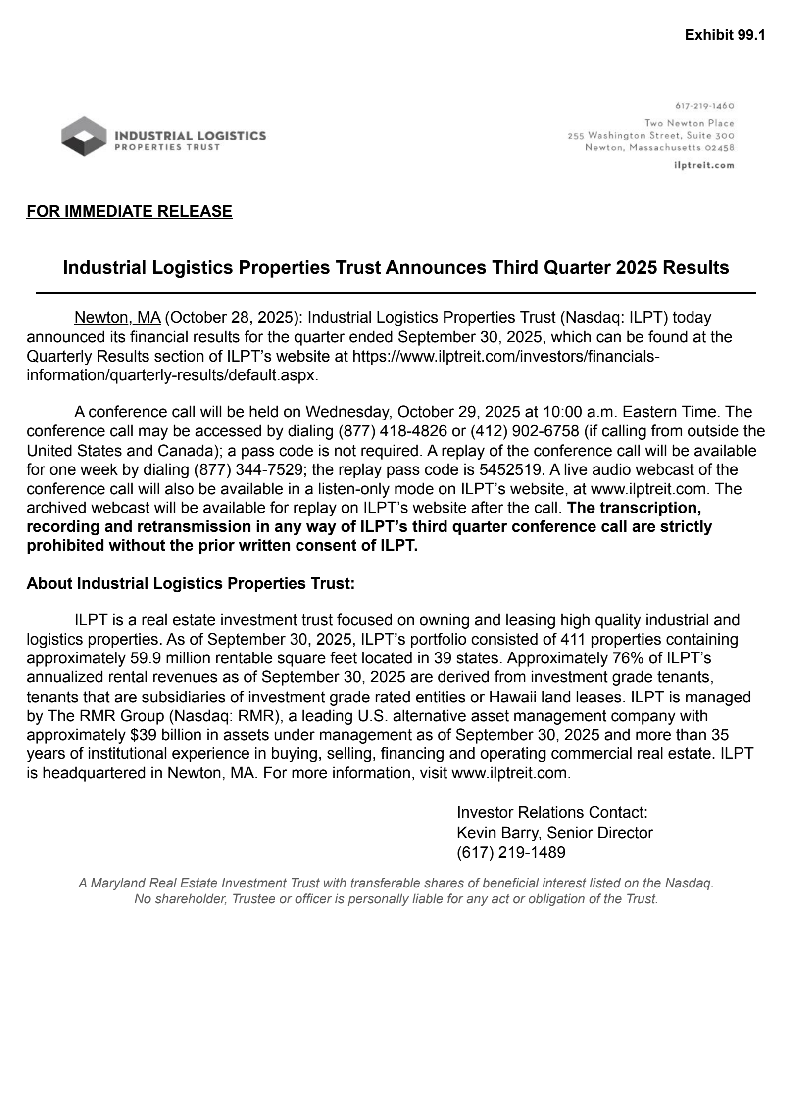 Industrial Logistics Properties Trust's Q3 2025 Earnings Release