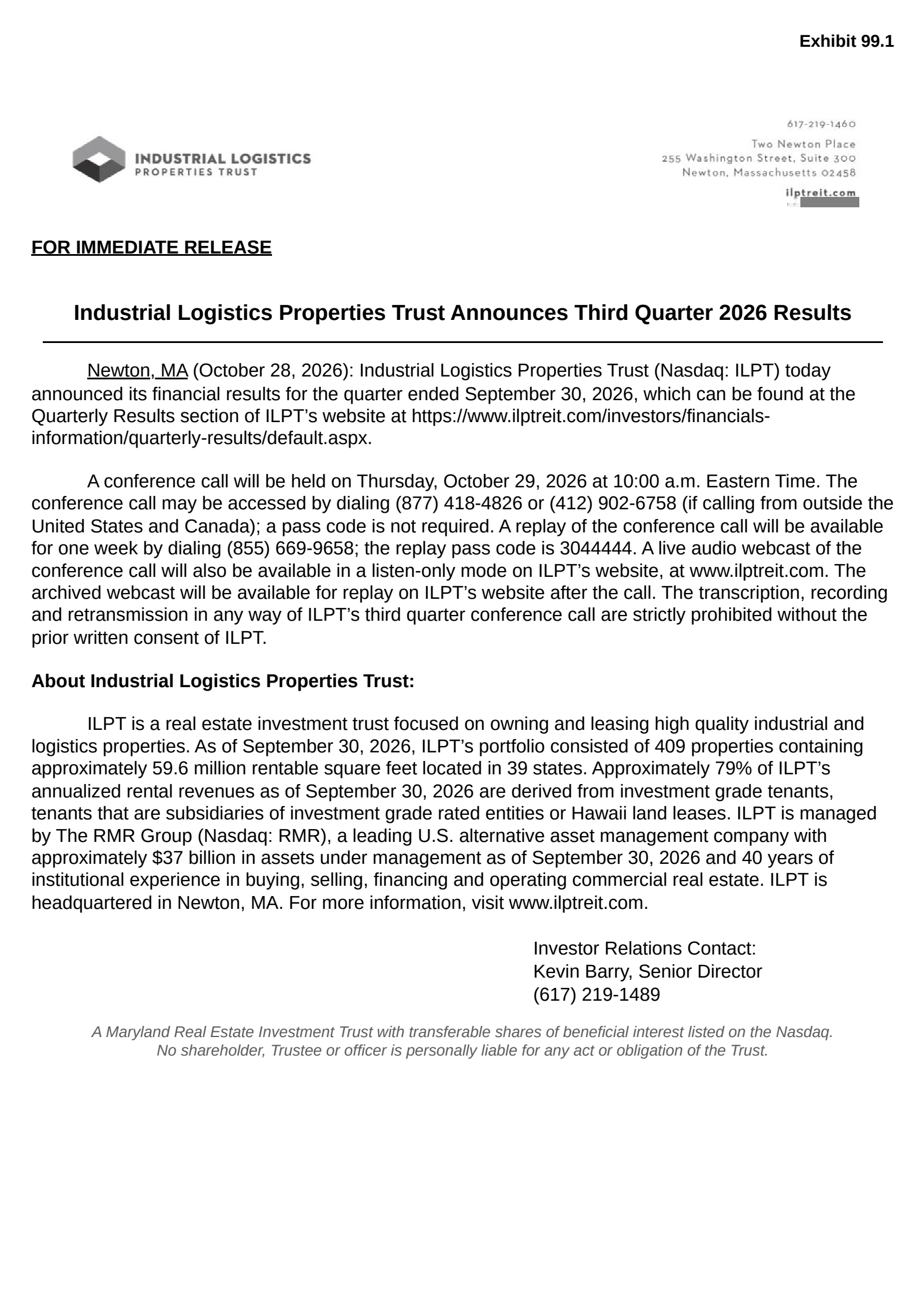 Industrial Logistics Properties Trust (ILPT) Q3 2026 Earnings Results ...