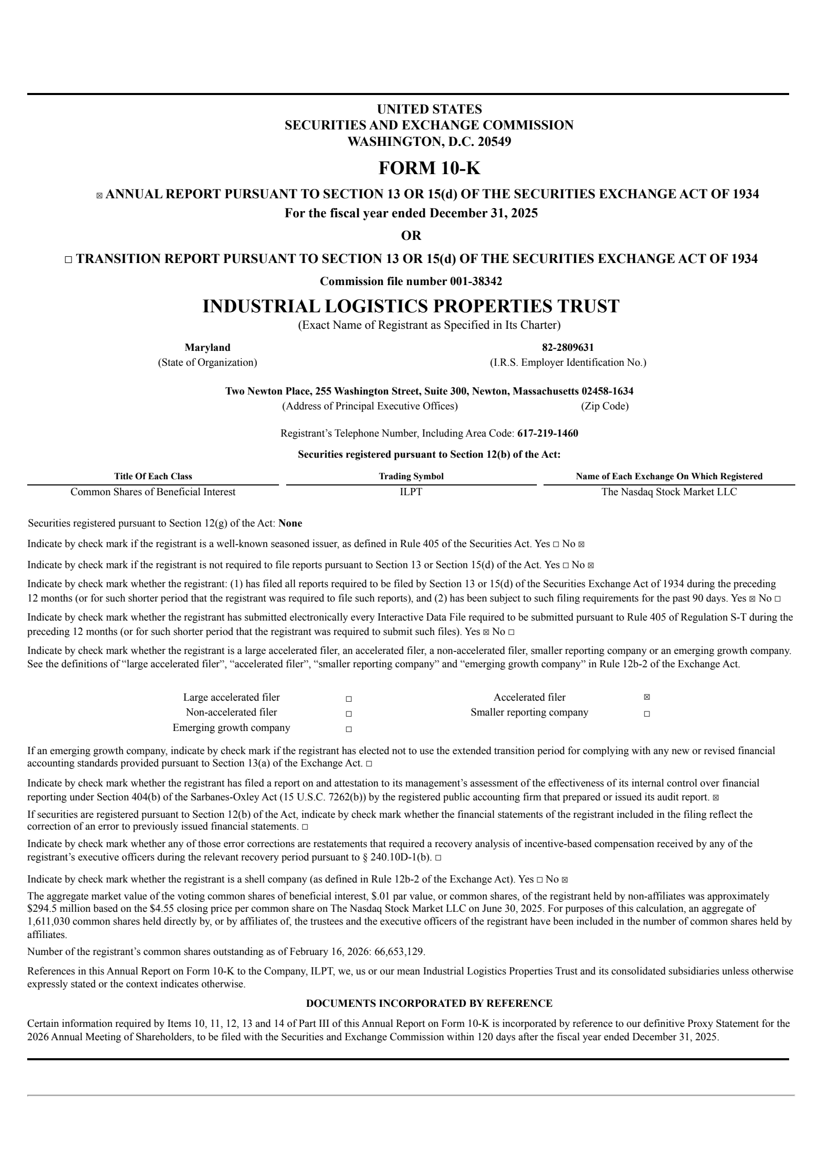Industrial Logistics Properties Trust's Q4 2025 Annual report