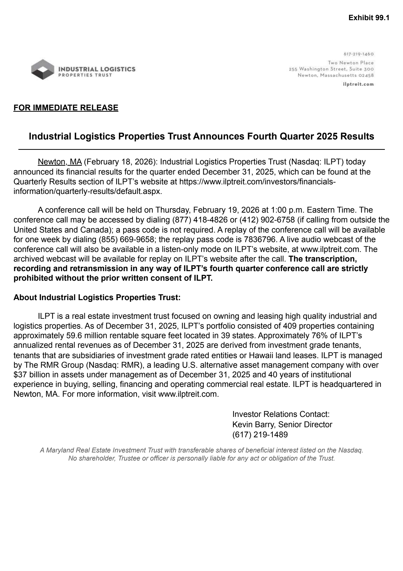 Industrial Logistics Properties Trust's Q4 2025 Press Release