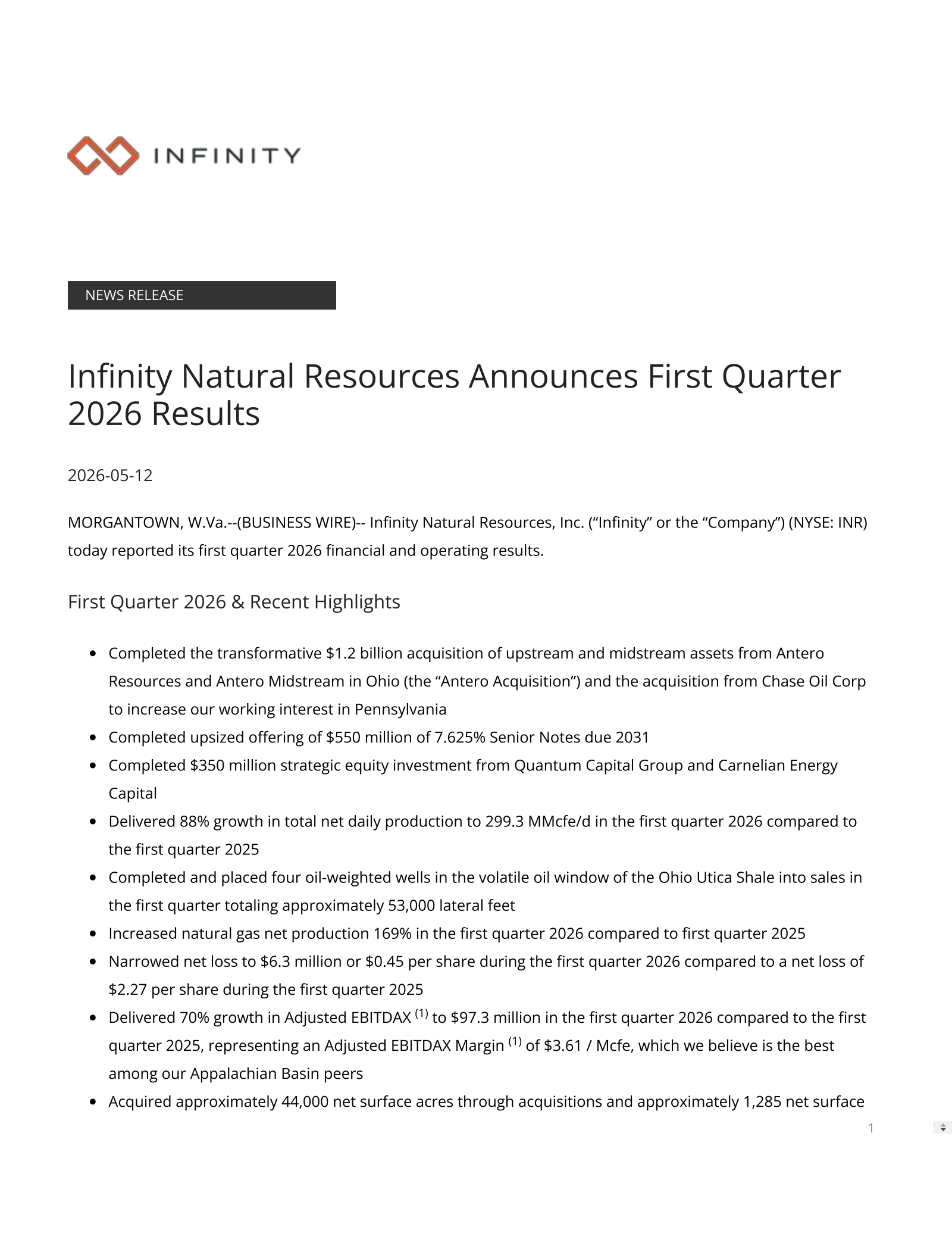 Infinity Natural Resources' Q1 2026 Press Release