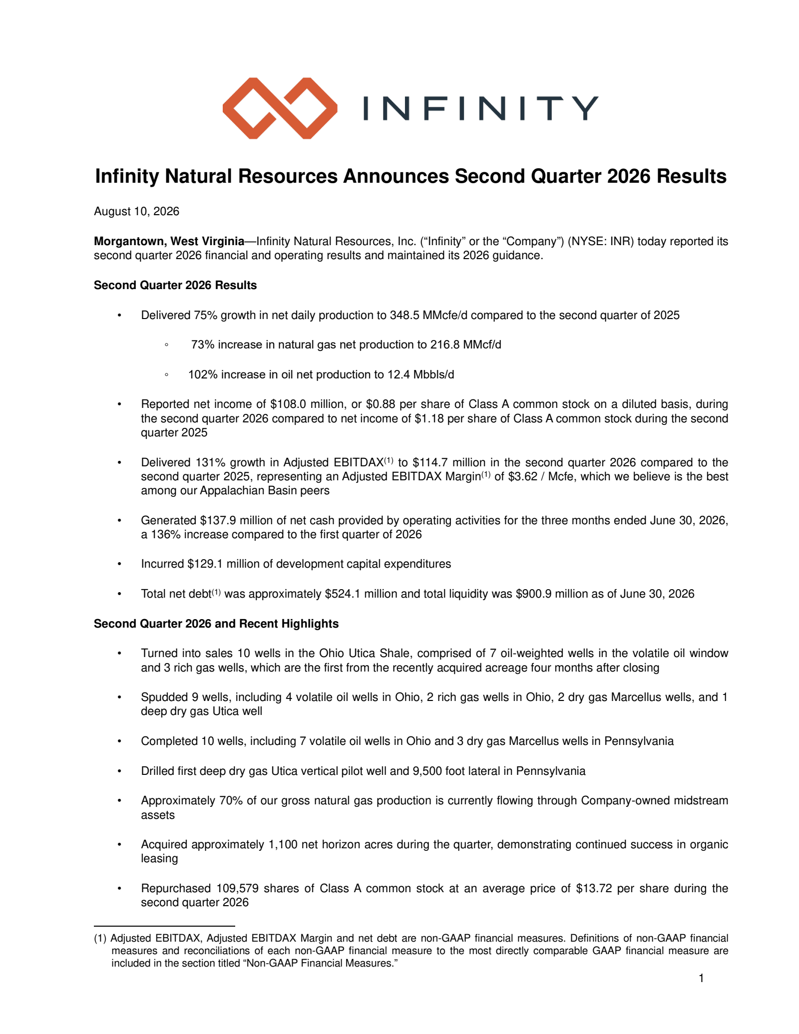 Infinity Natural Resources' Q2 2026 Press Release
