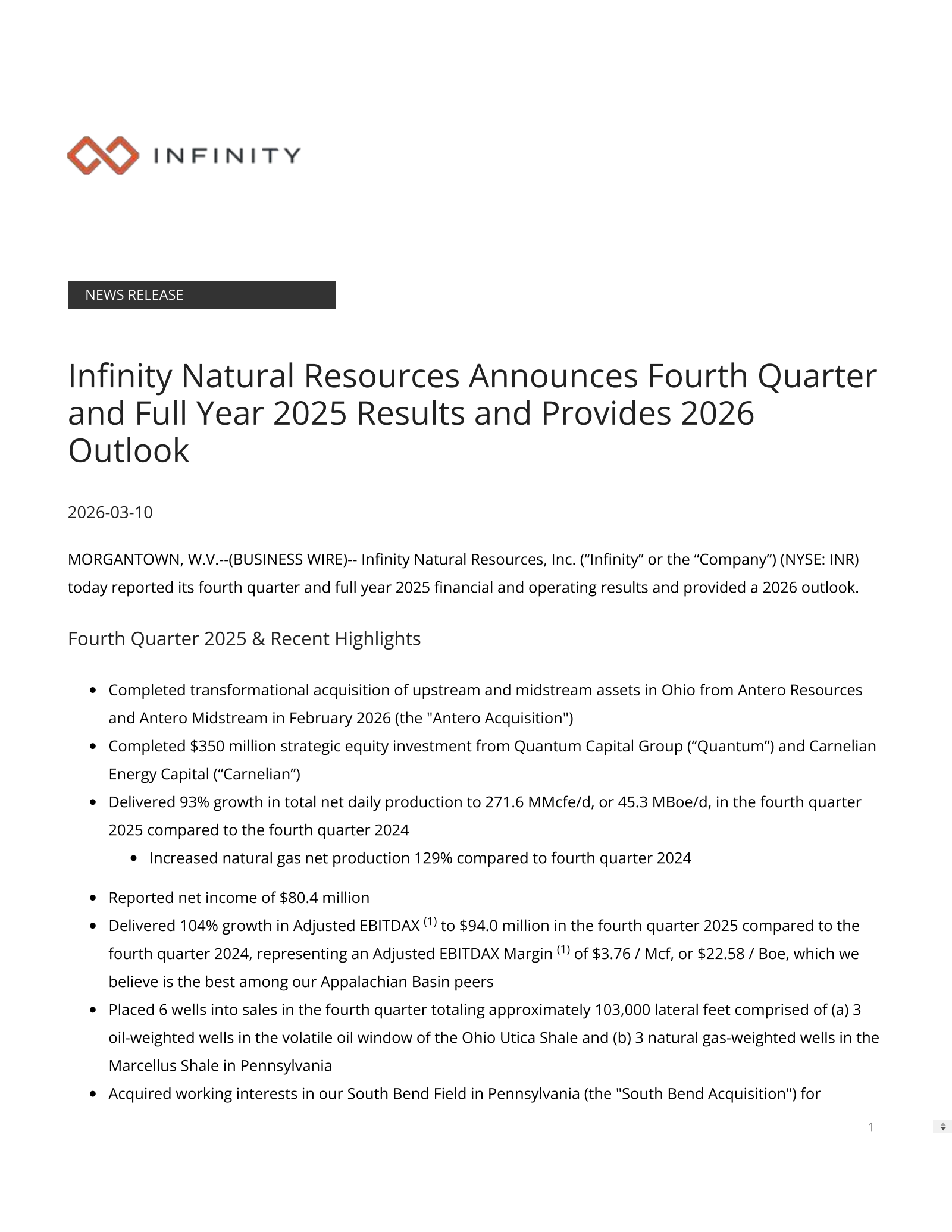 Infinity Natural Resources' Q4 2025 Press Release