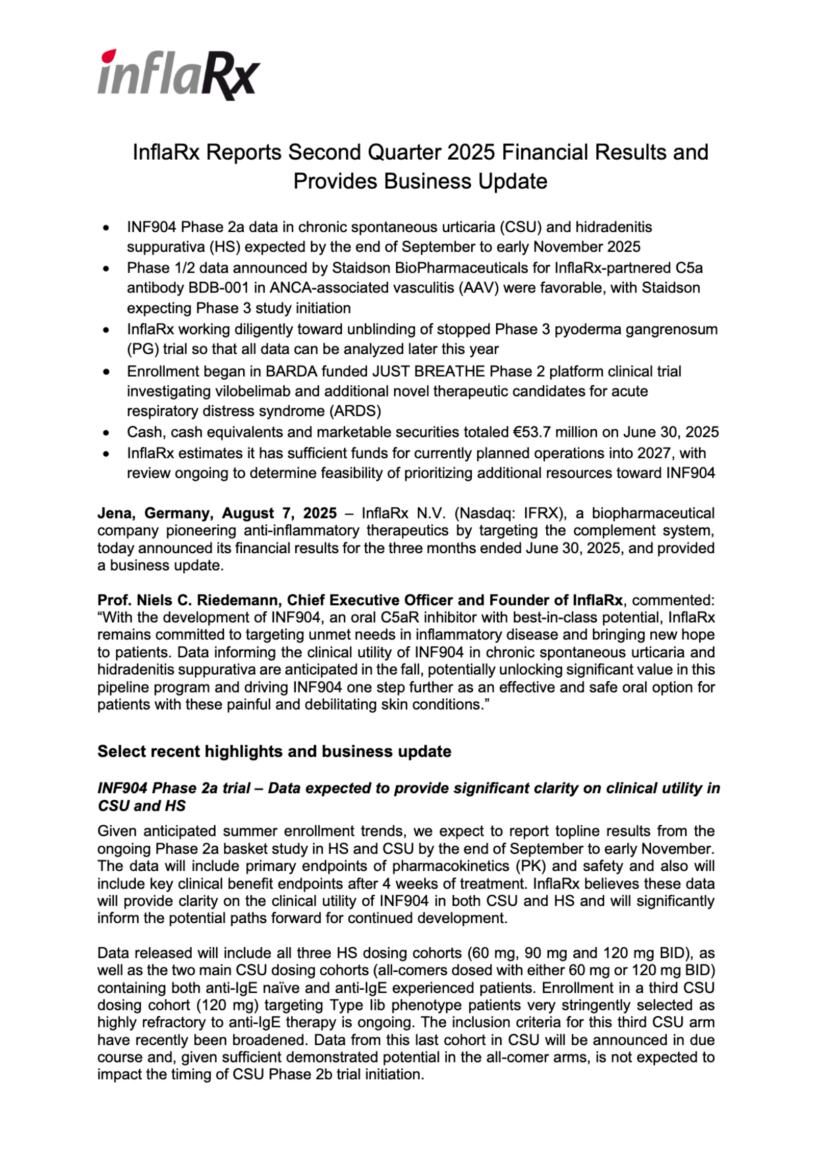 InflaRx's Q2 2025 Press Release