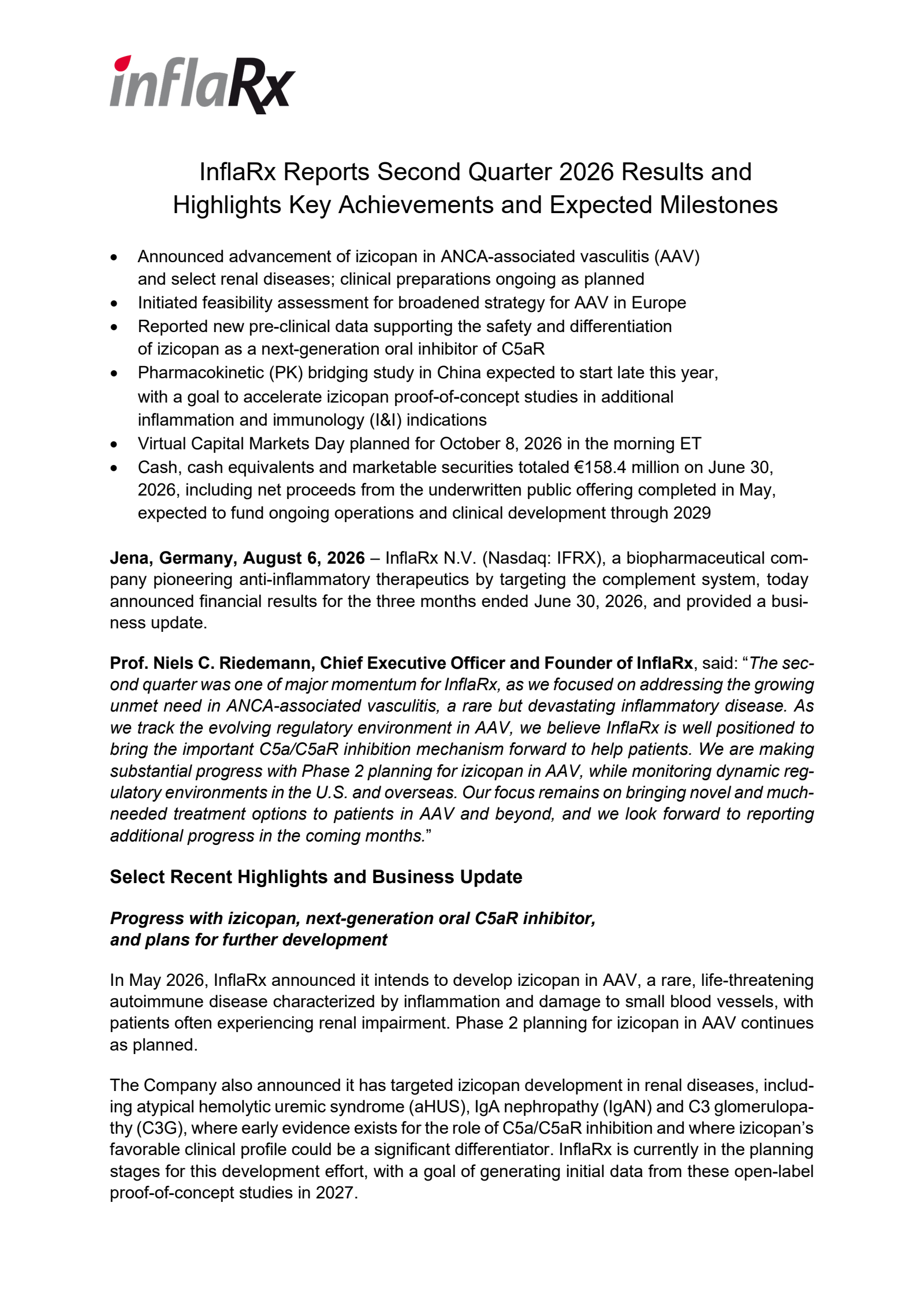 InflaRx's Q2 2026 Press Release