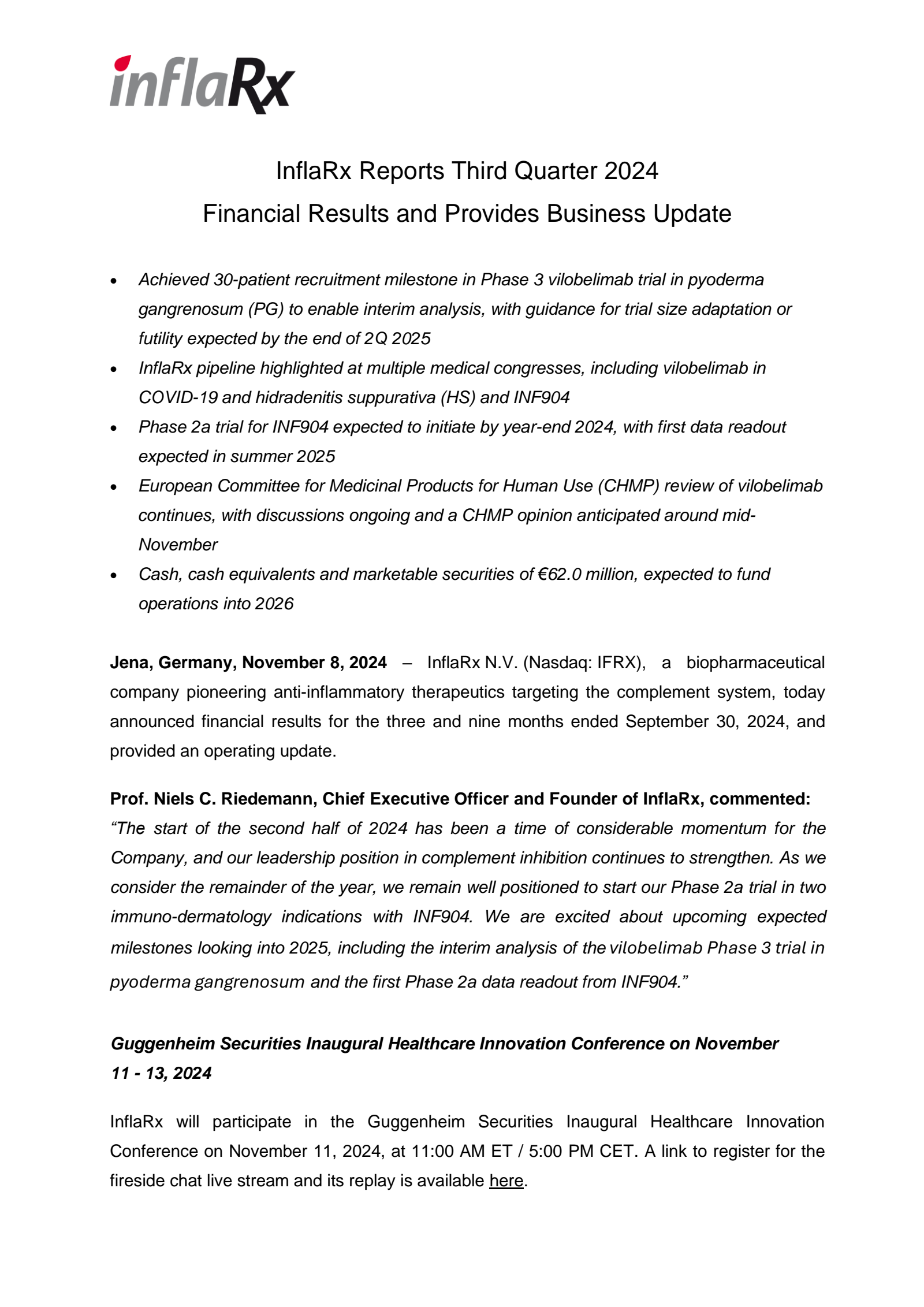 InflaRx's Q3 2024 Press Release