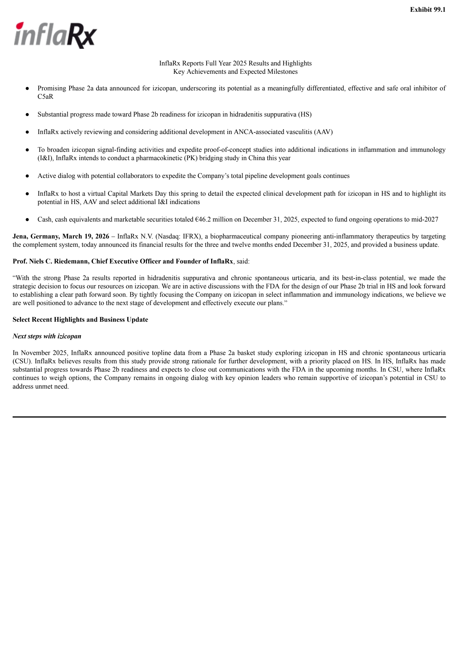 InflaRx's Q4 2025 Press Release