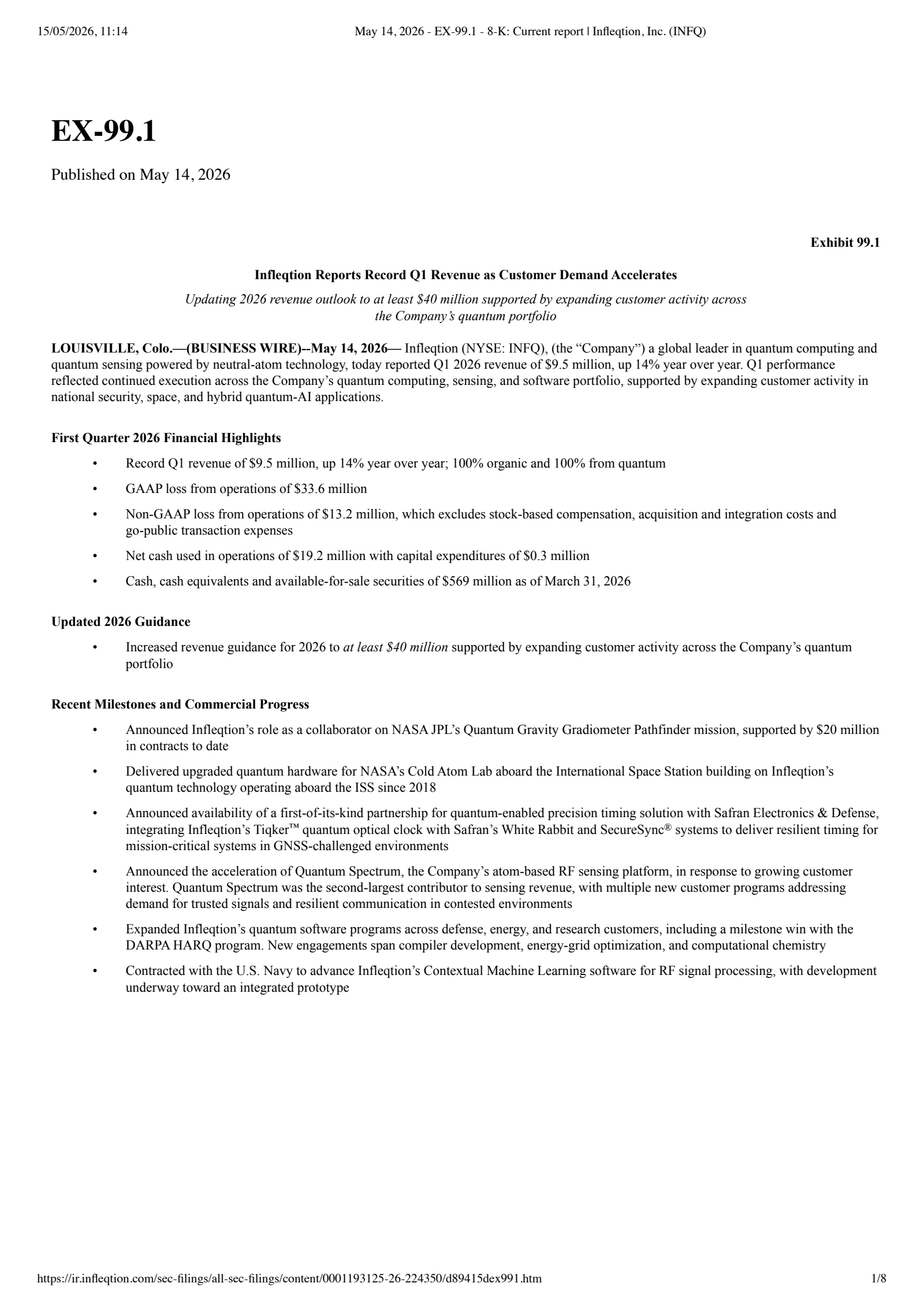 Infleqtion's Q1 2026 Press Release