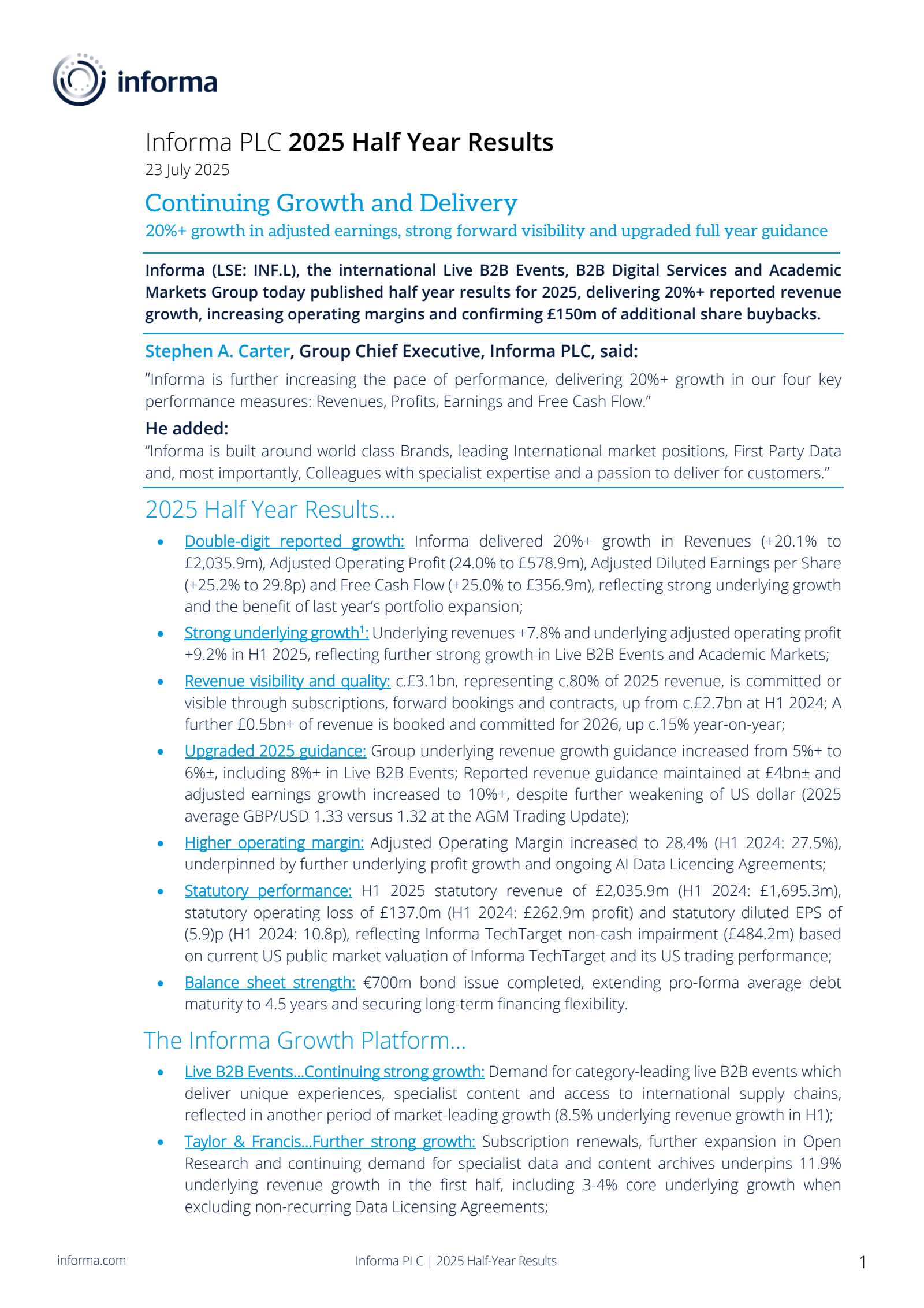 Informa's H1 2025 Interim report