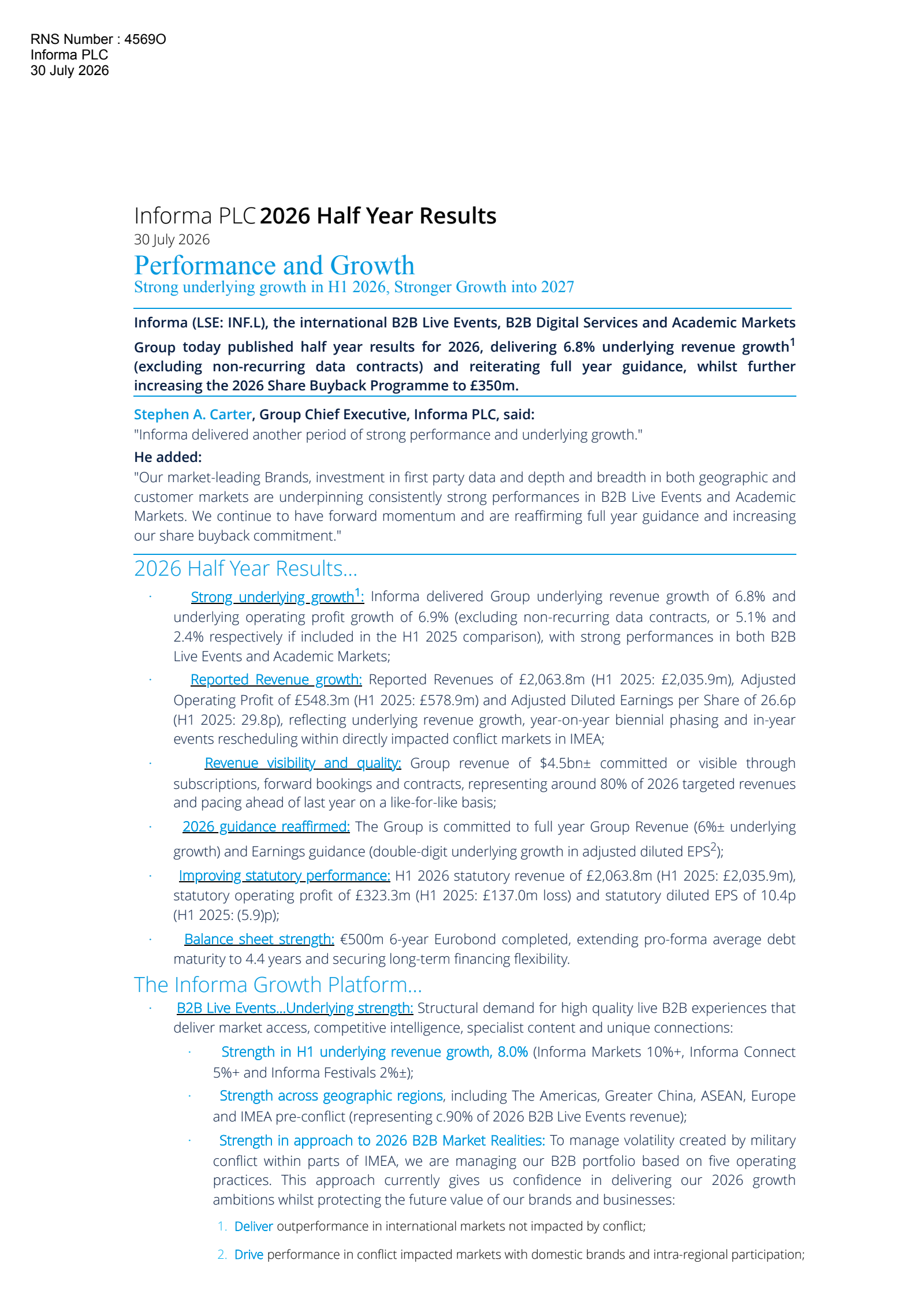 Informa's H1 2026 Interim report