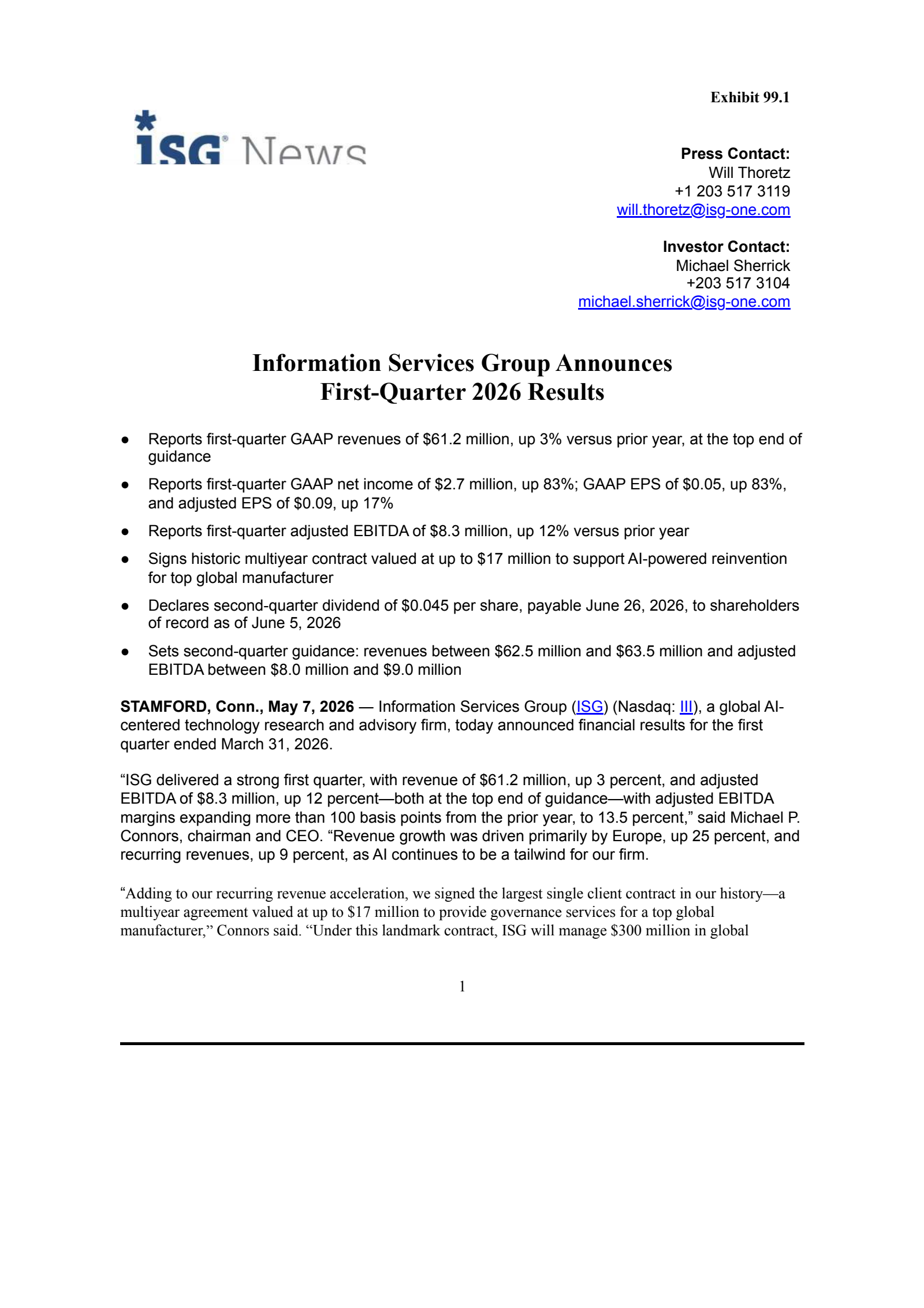 Information Services Group's Q1 2026 Press Release