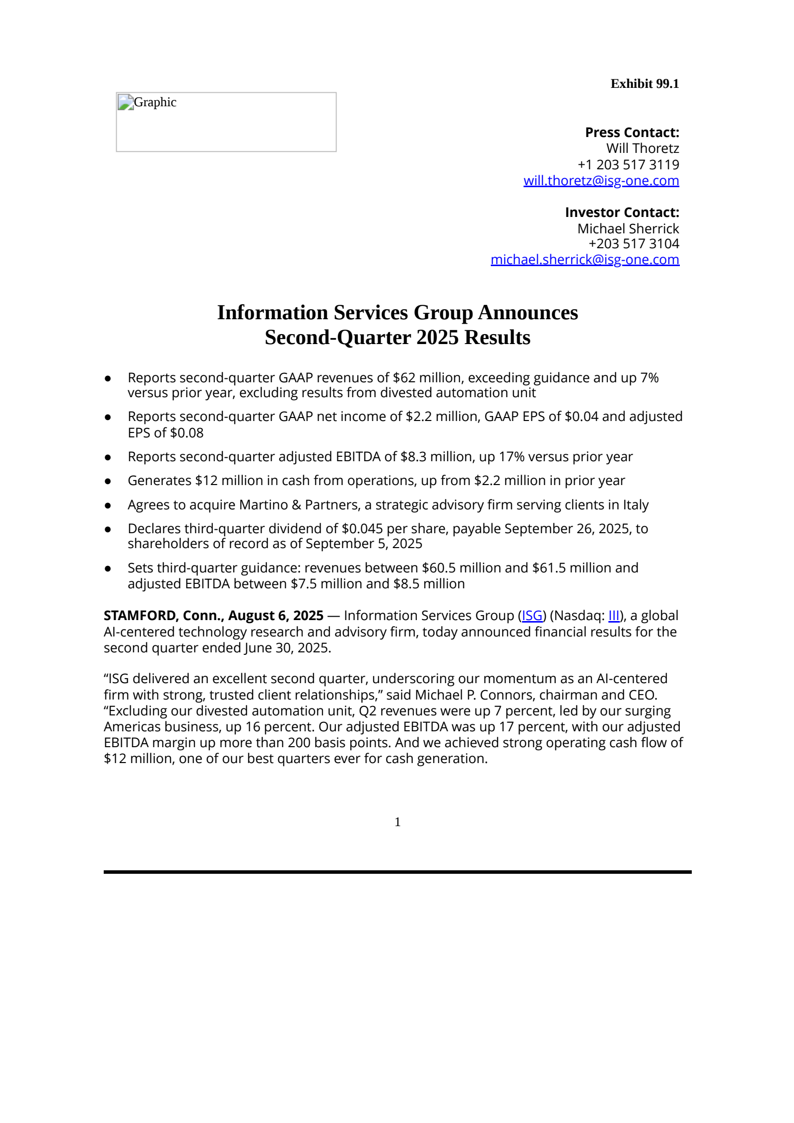 Information Services Group's Q2 2025 Press Release