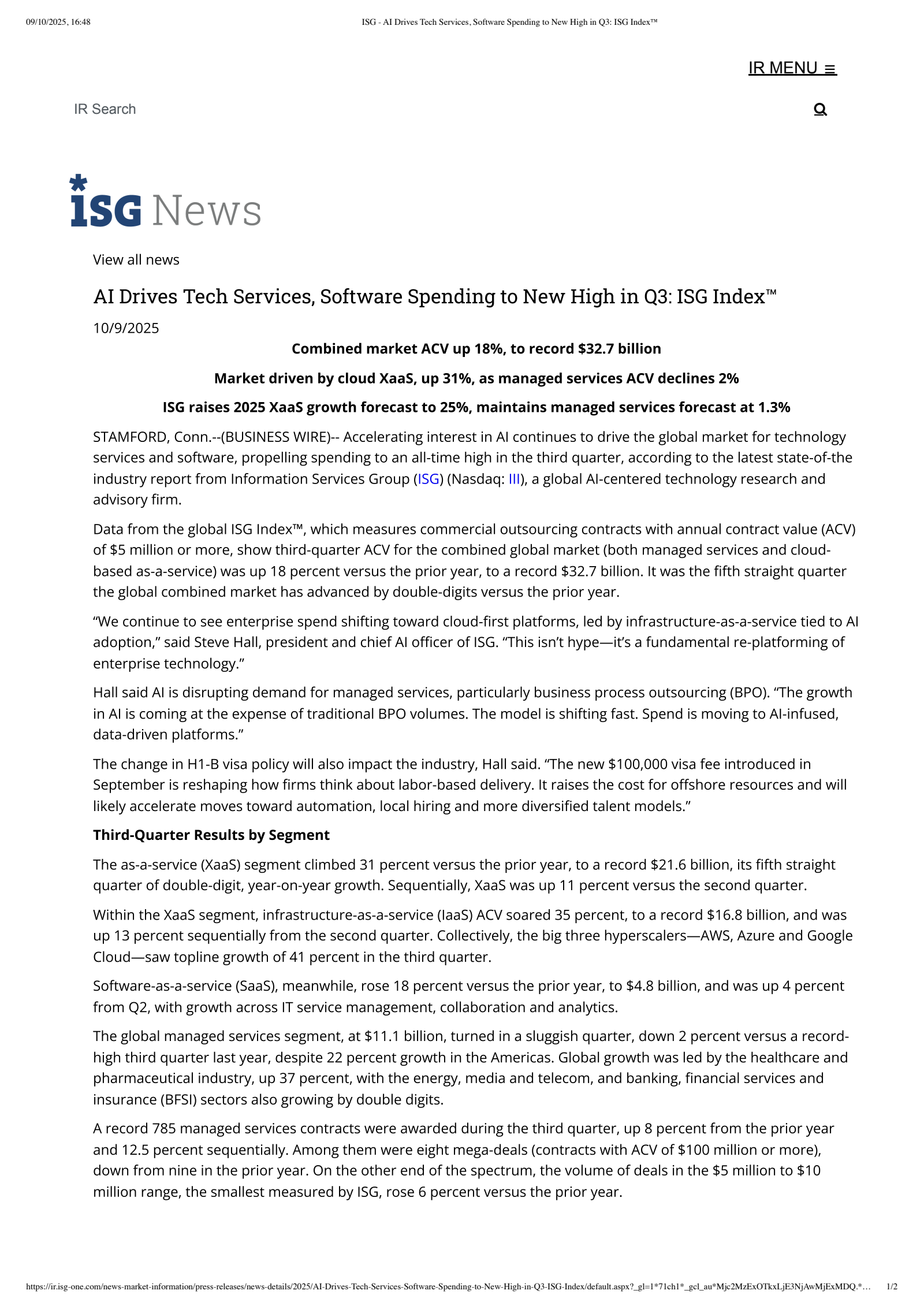 Information Services Group's Status Update Earnings Release