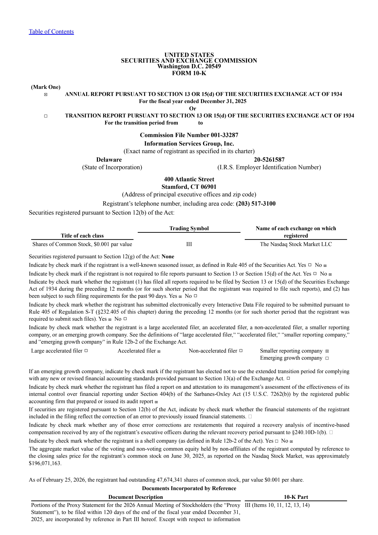 Information Services Group's Q4 2025 Annual report
