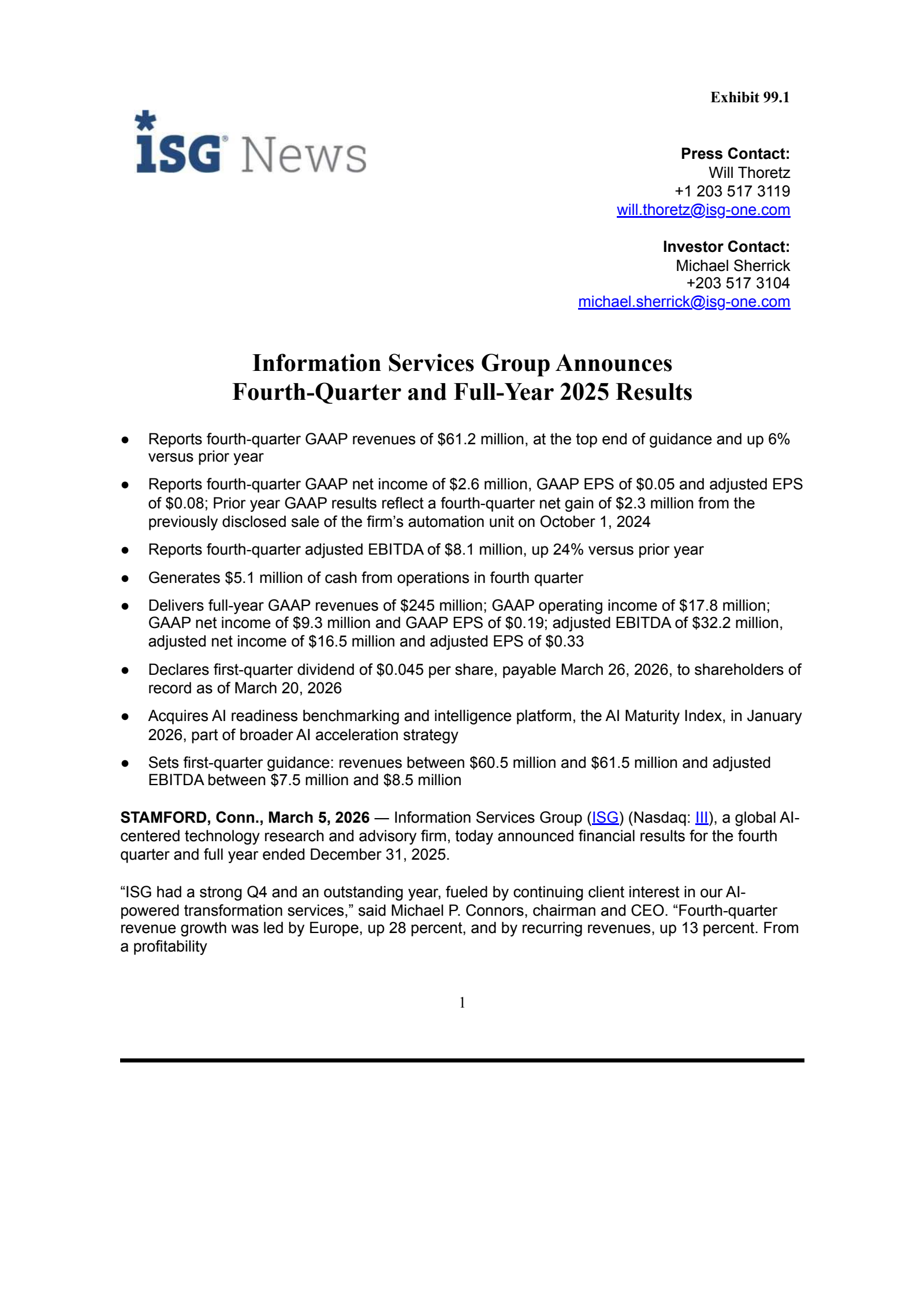 Information Services Group's Q4 2025 Press Release