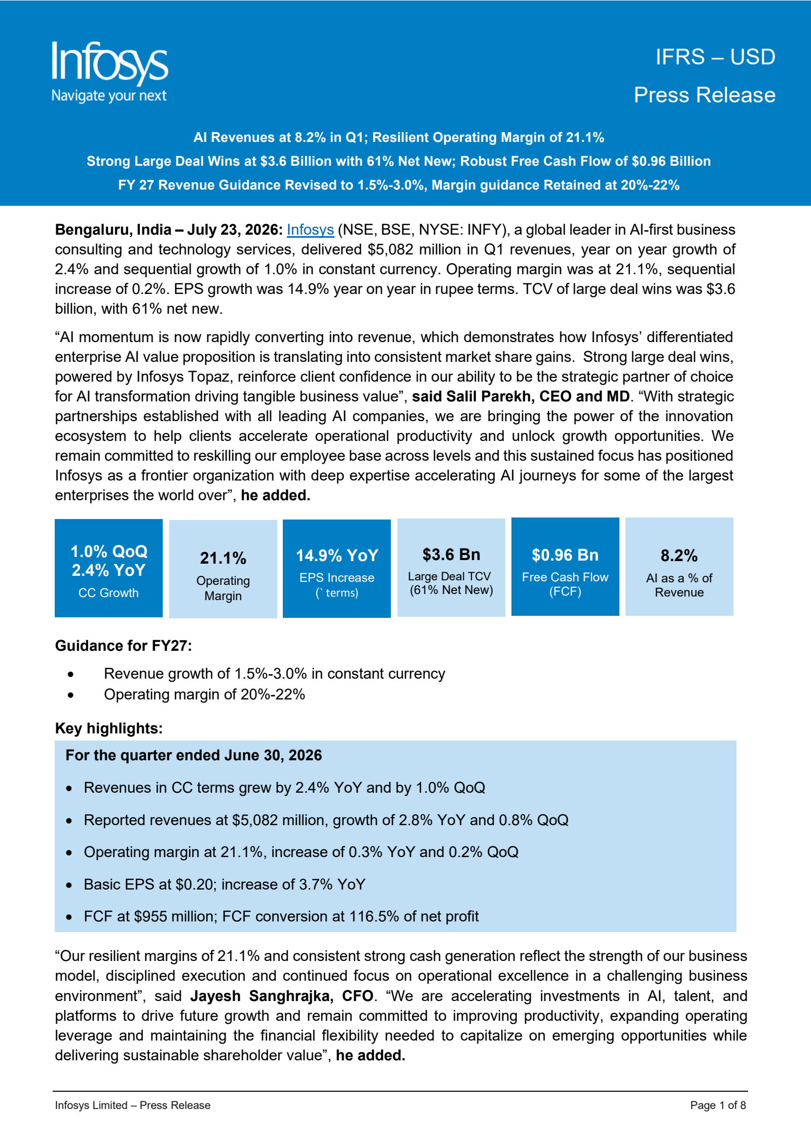 Infosys' Q1 26/27 (Media) Press Release