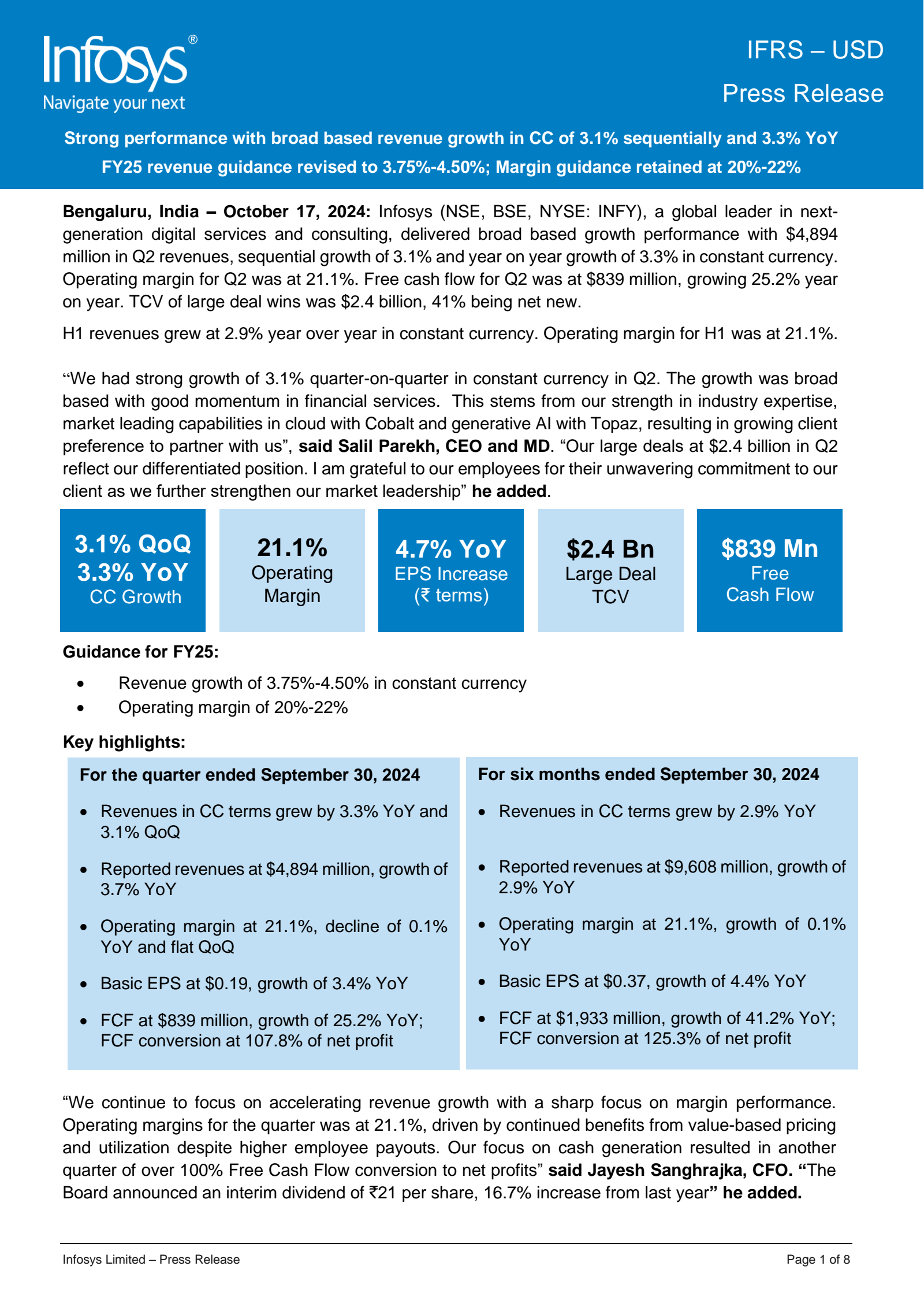 Infosys' Q2 24/25 (Media) Earnings Release