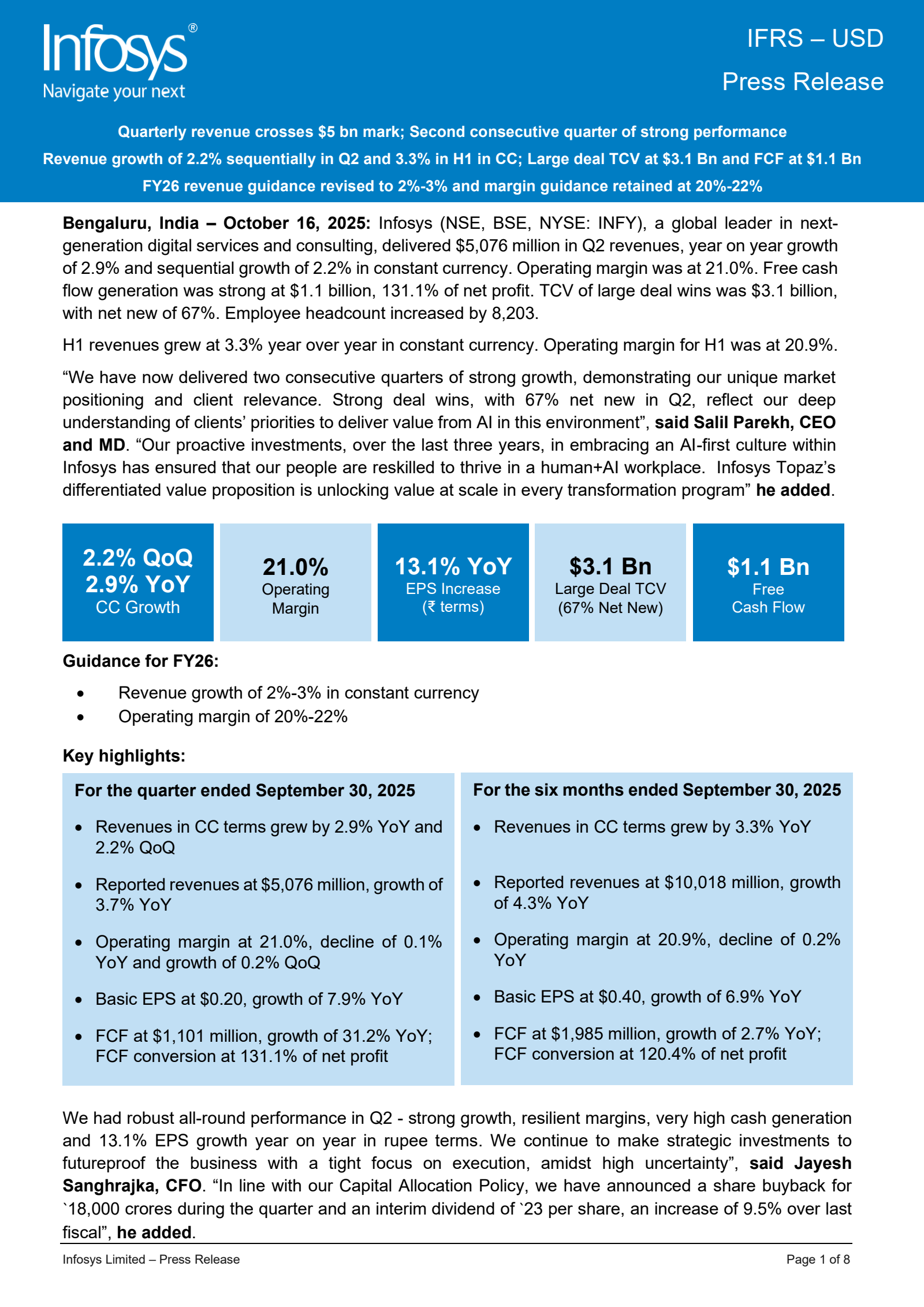 Infosys' Q2 25/26 (Media) Earnings Release
