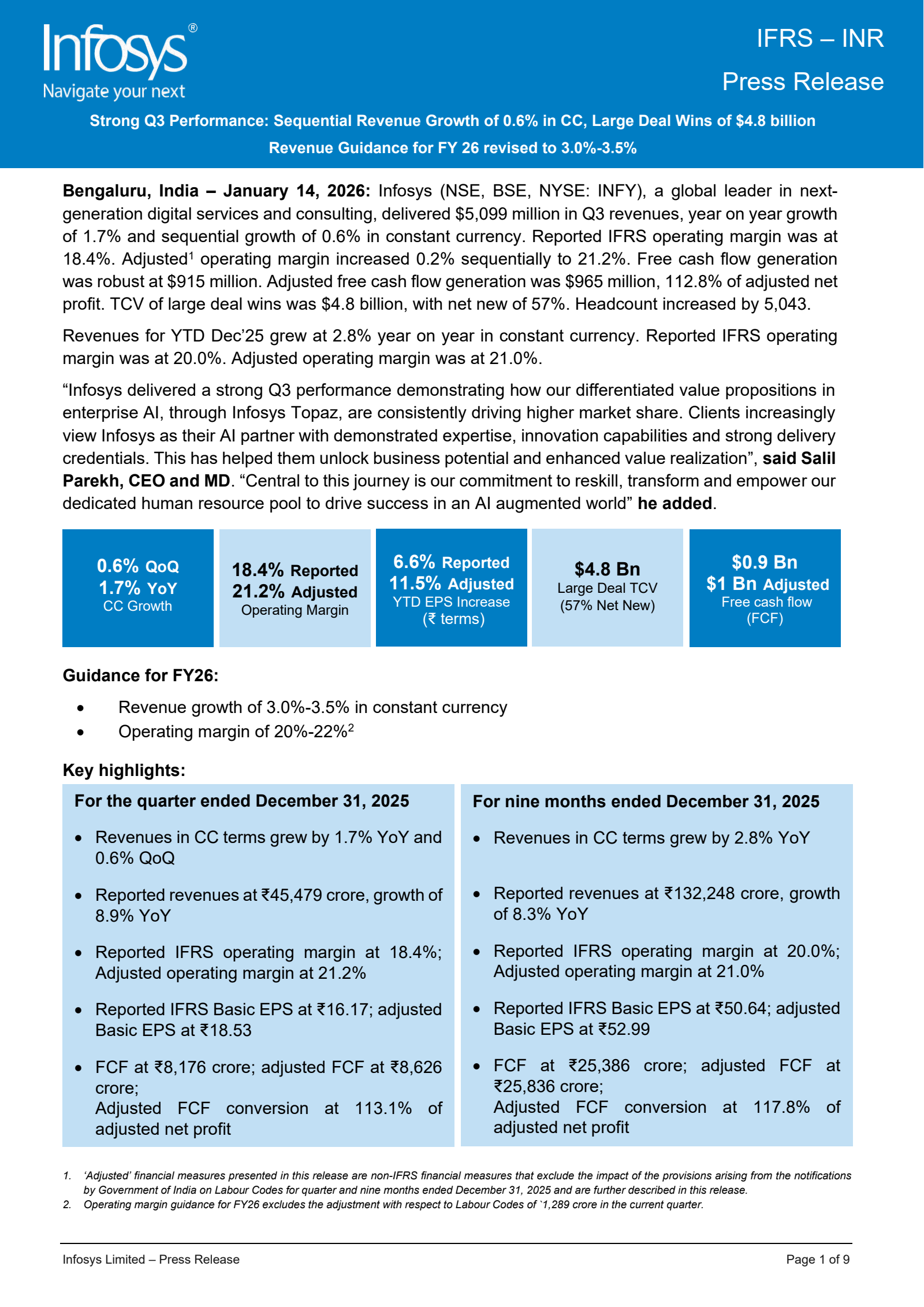 Infosys' Q3 25/26 (Media) Press Release