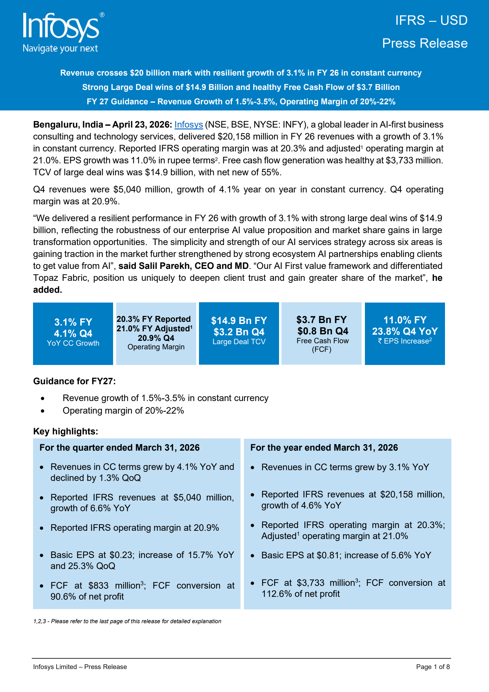 Infosys' Q4 25/26 (Media) Press Release