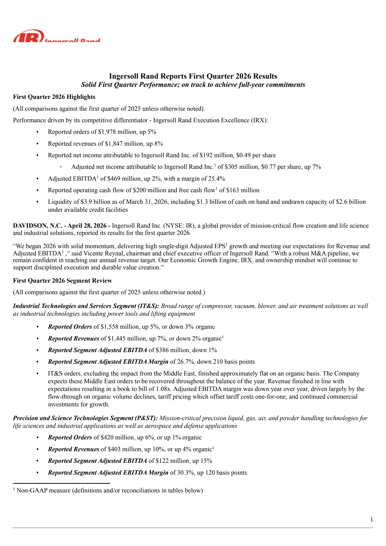 Ingersoll Rand's Q1 2026 Press Release
