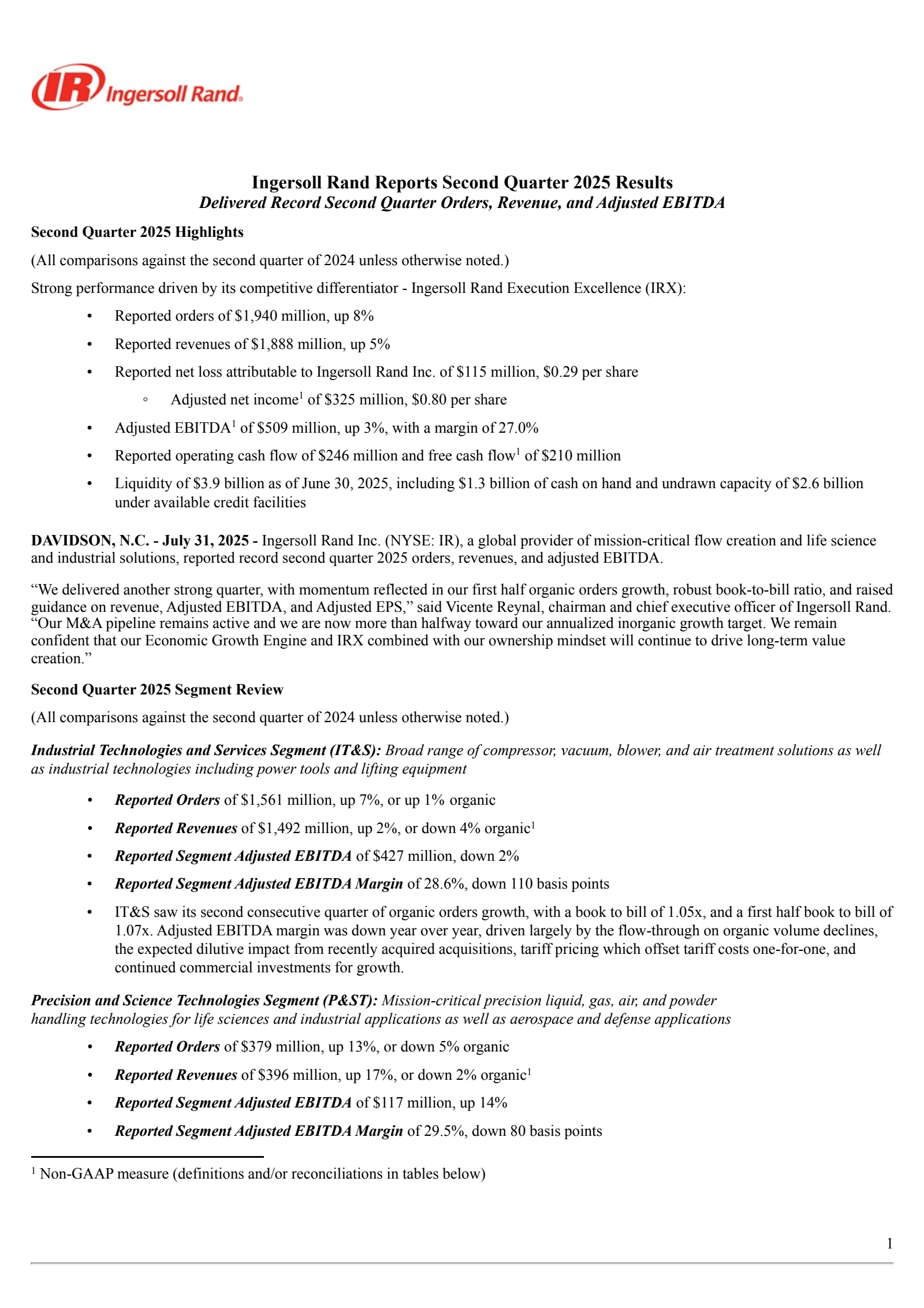 Ingersoll Rand's Q2 2025 Press Release