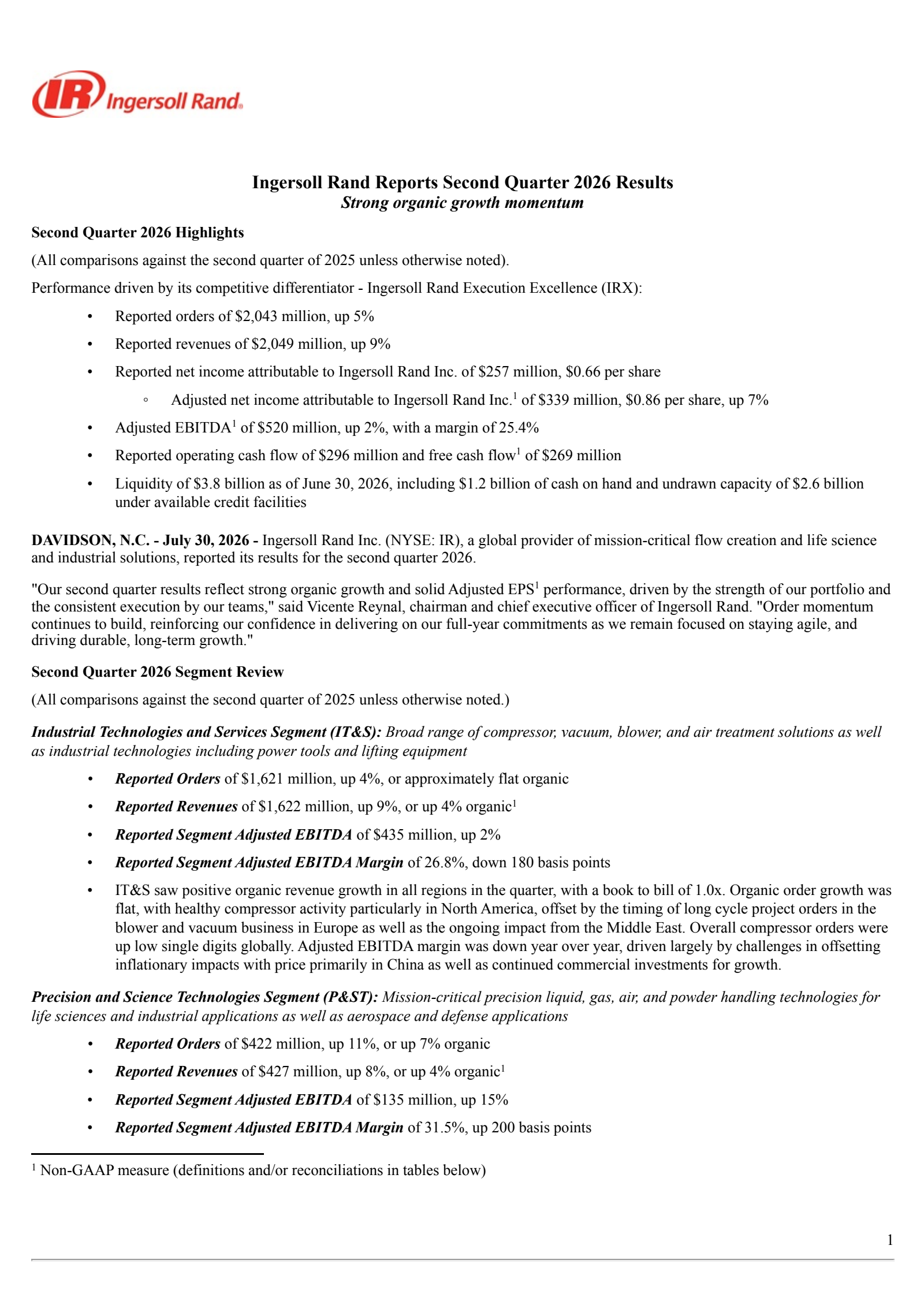 Ingersoll Rand's Q2 2026 Press Release