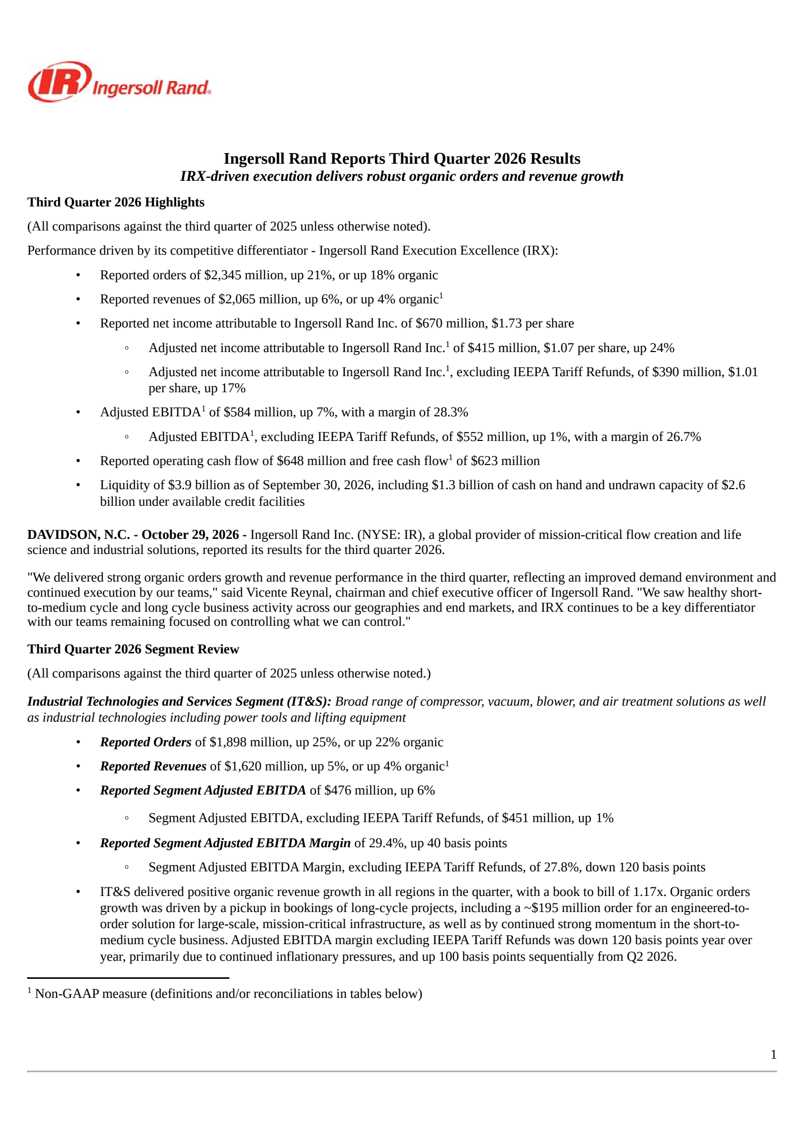 Ingersoll Rand's Q3 2026 Press Release