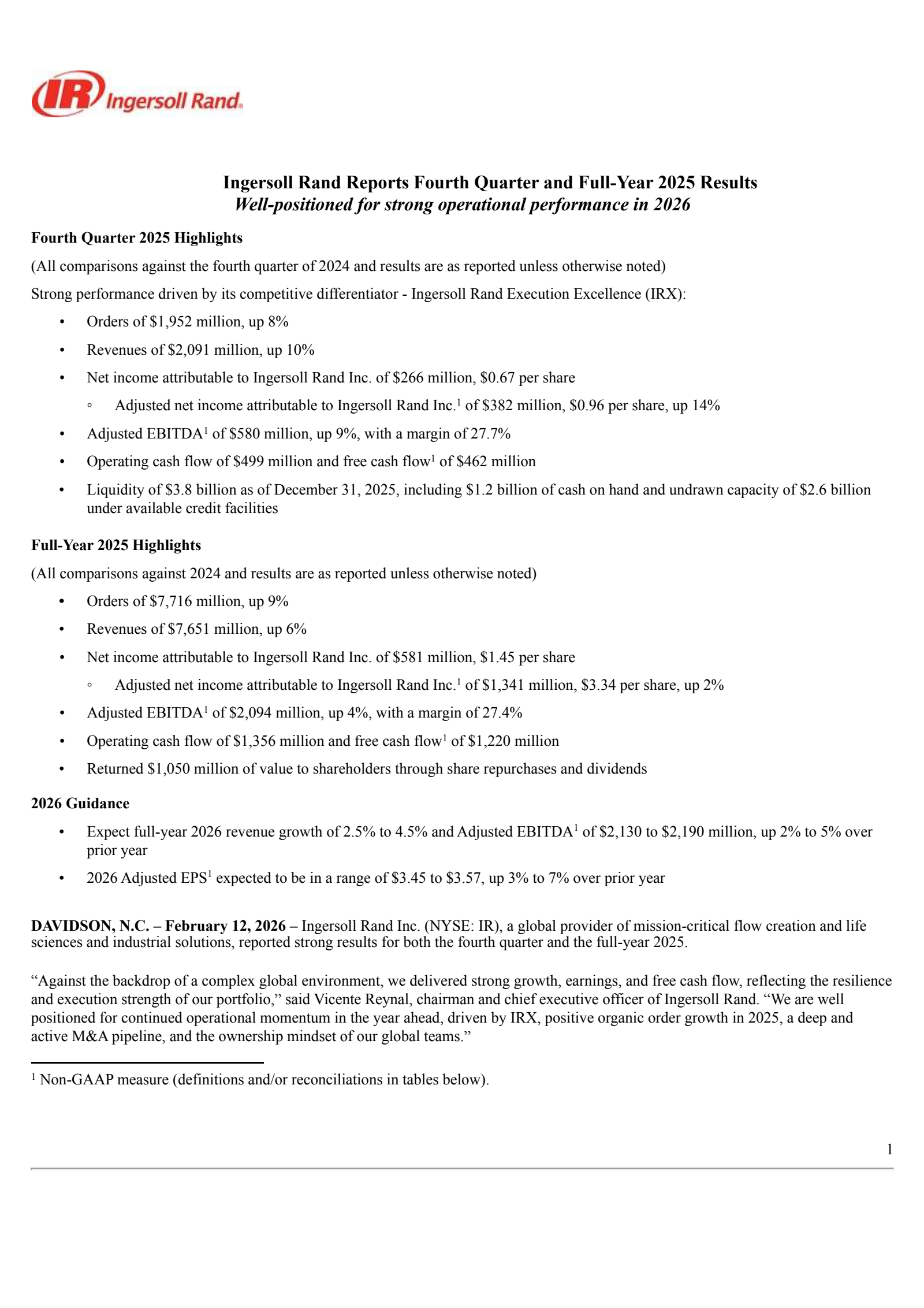 Ingersoll Rand's Q4 2025 Press Release