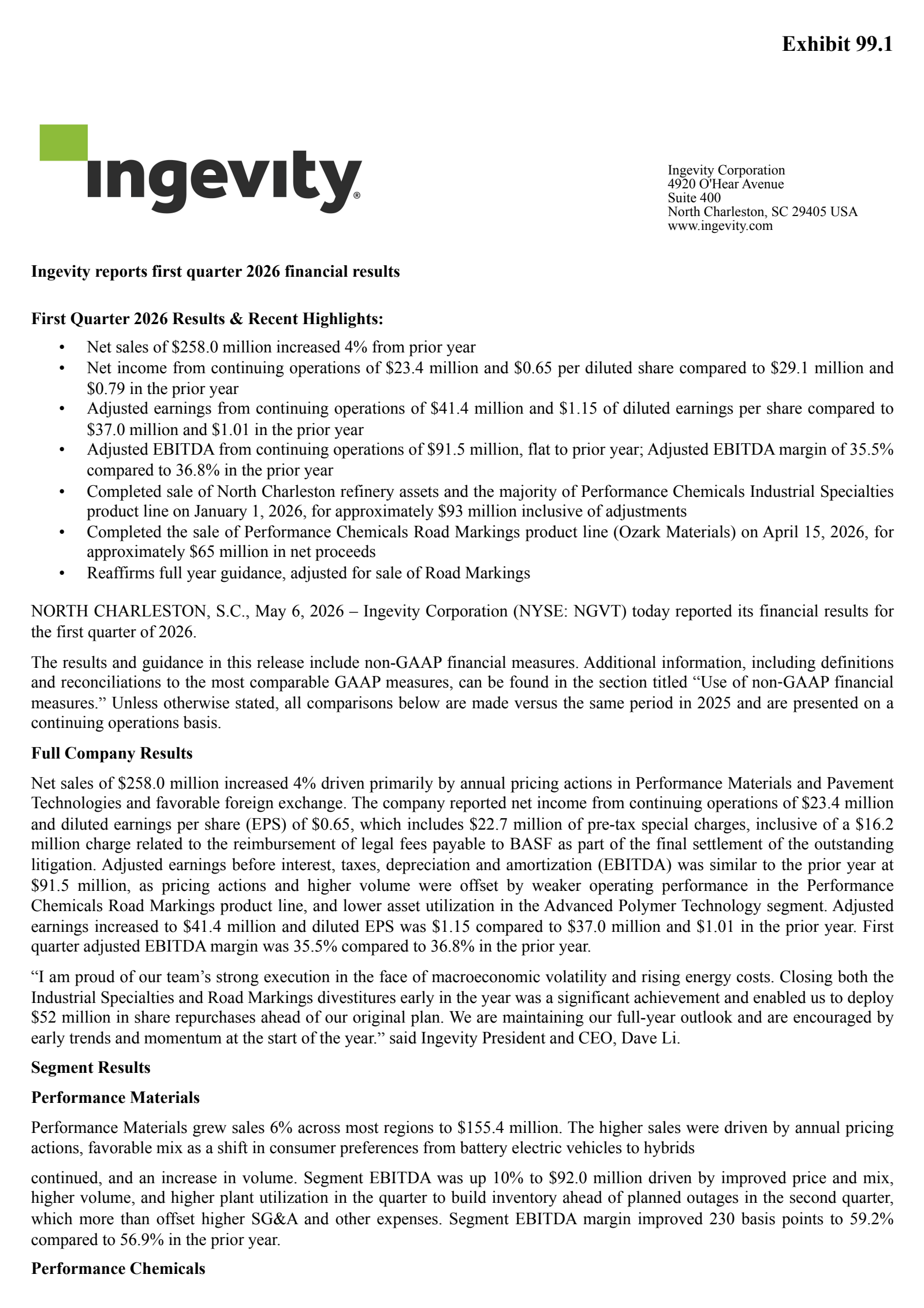 Ingevity's Q1 2026 Press Release