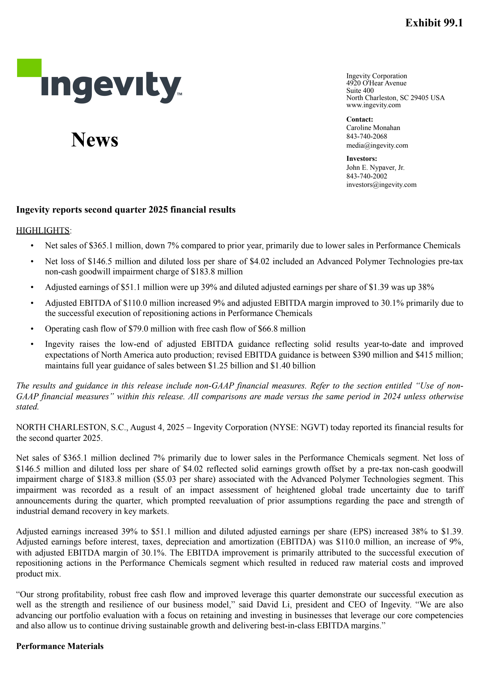 Ingevity's Q2 2025 Press Release