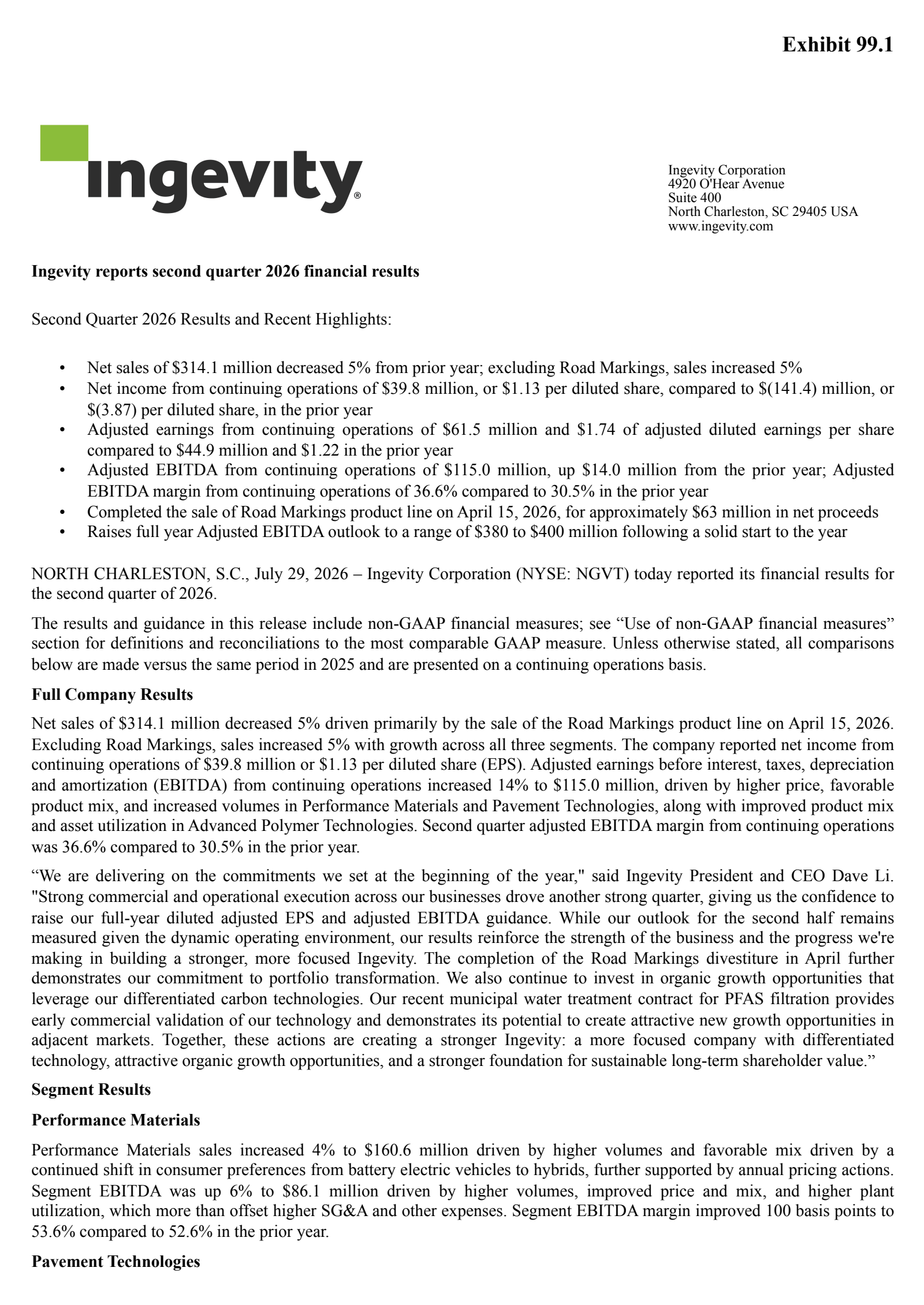 Ingevity's Q2 2026 Press Release