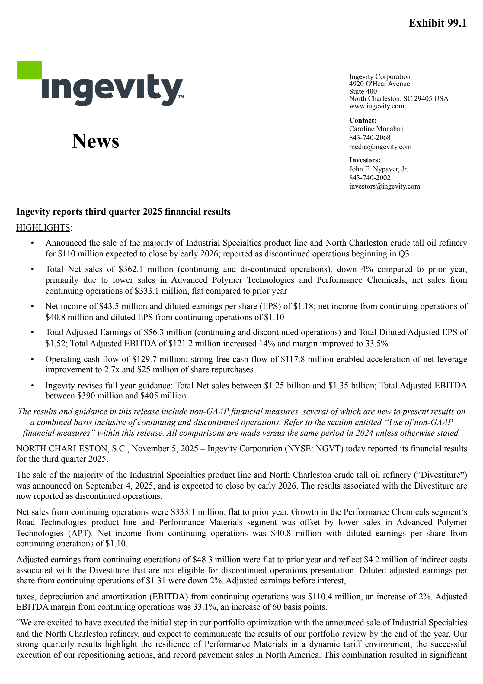 Ingevity's Q3 2025 Earnings Release