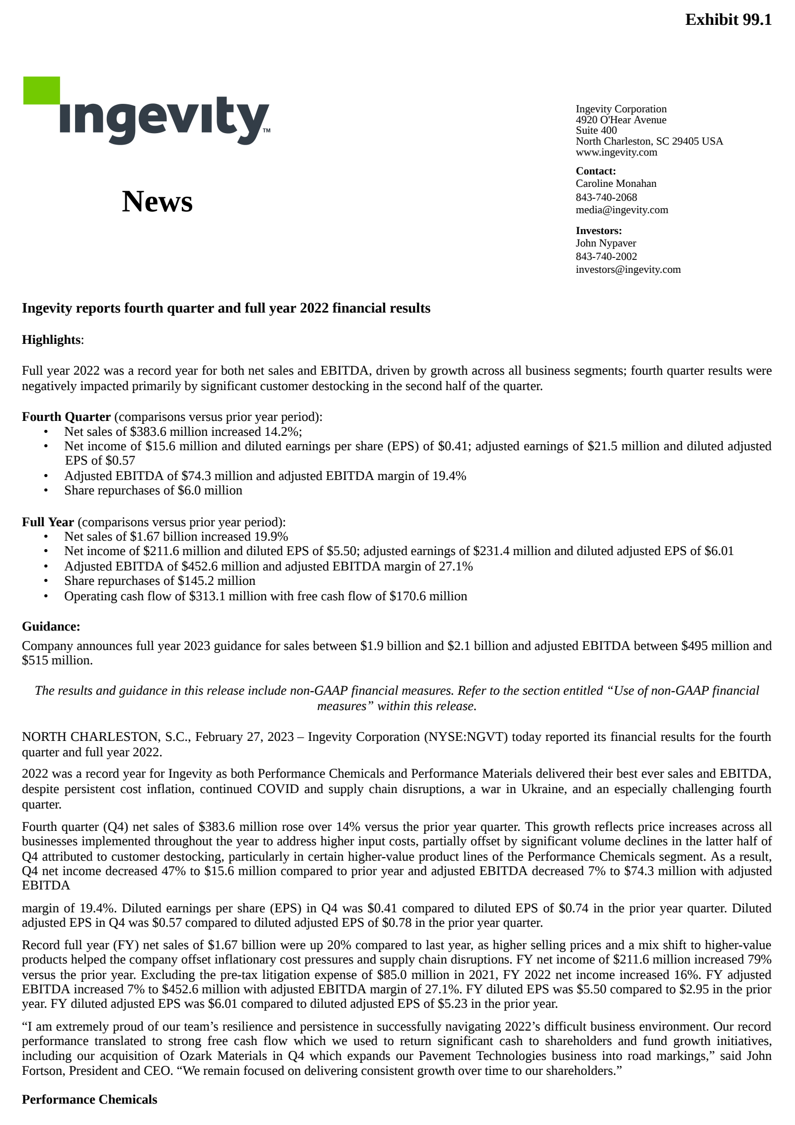 Ingevity's Q4 2022 Press Release