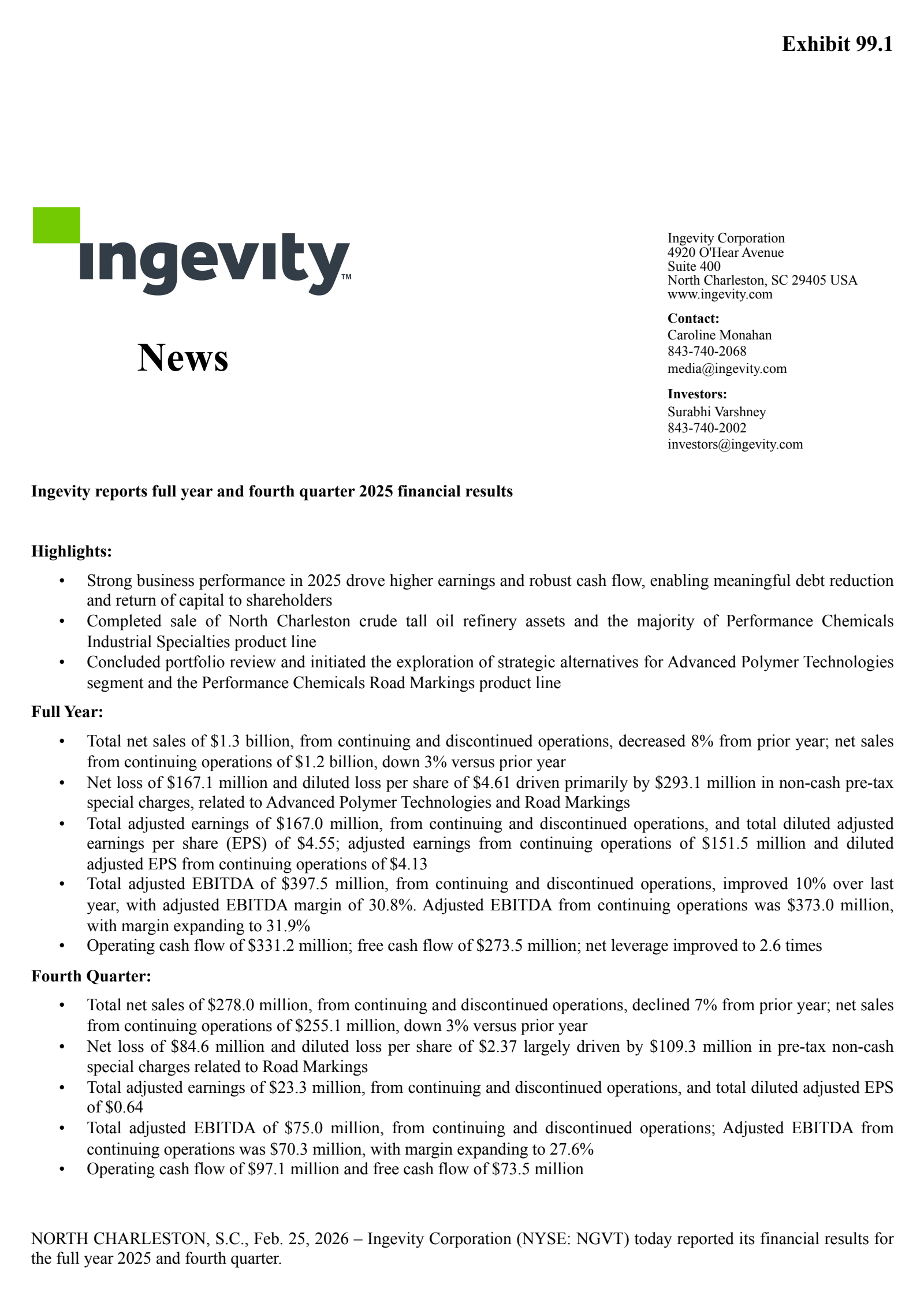 Ingevity's Q4 2025 Press Release