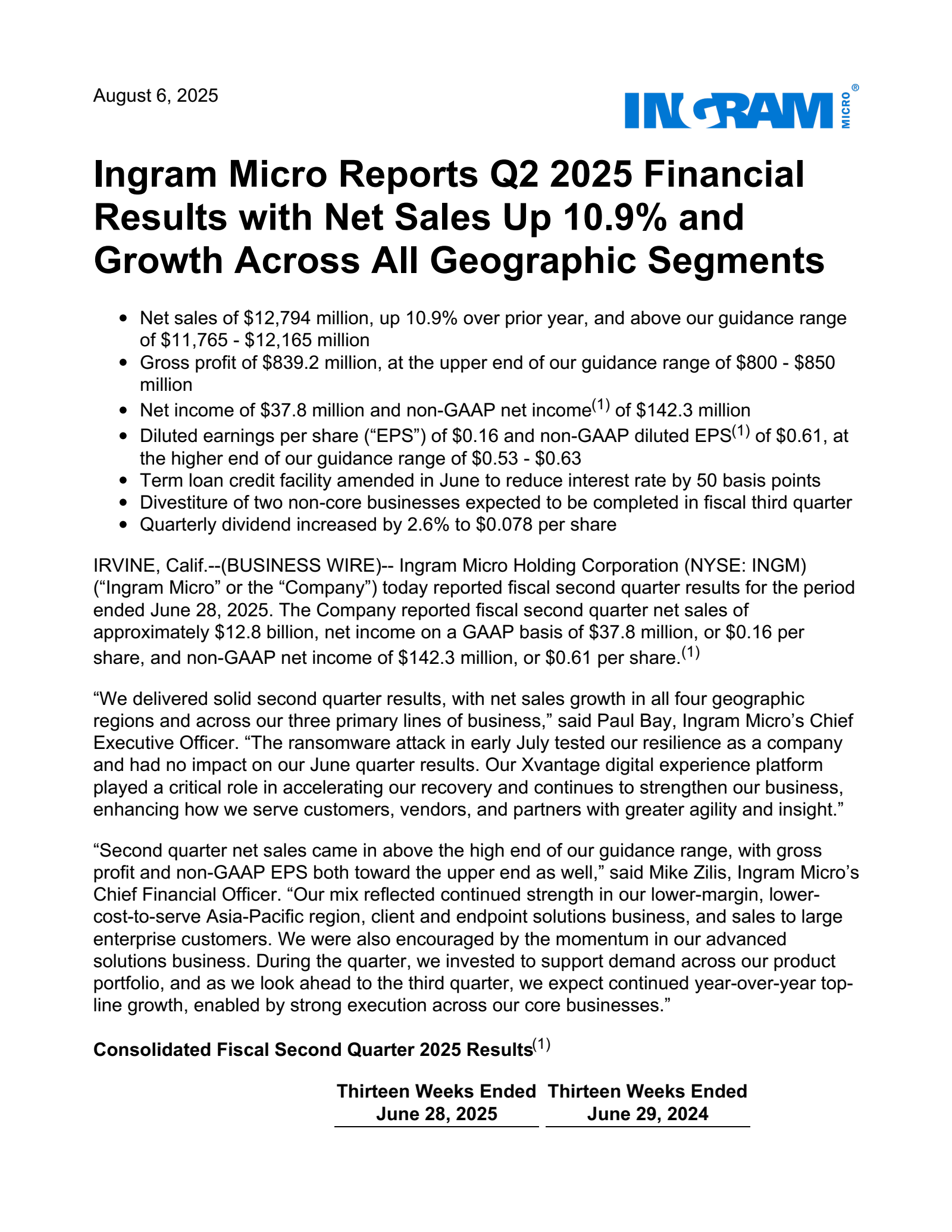 Ingram Micro's Q2 2025 Press Release