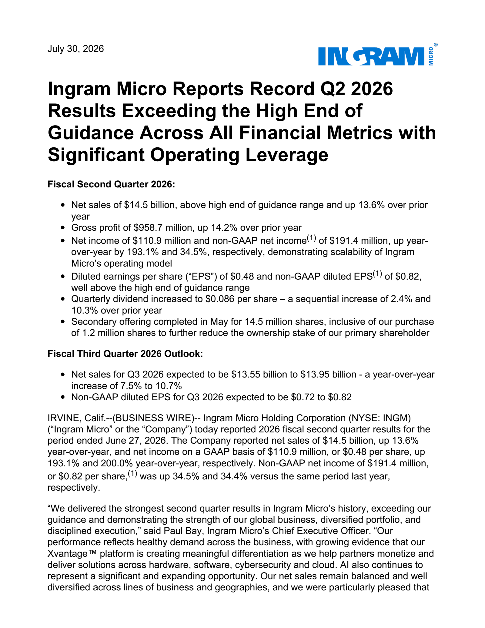 Ingram Micro's Q2 2026 Press Release