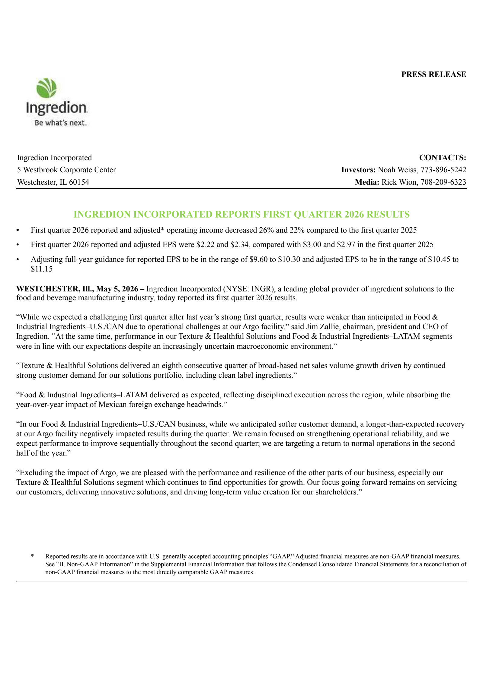 Ingredion's Q1 2026 Press Release