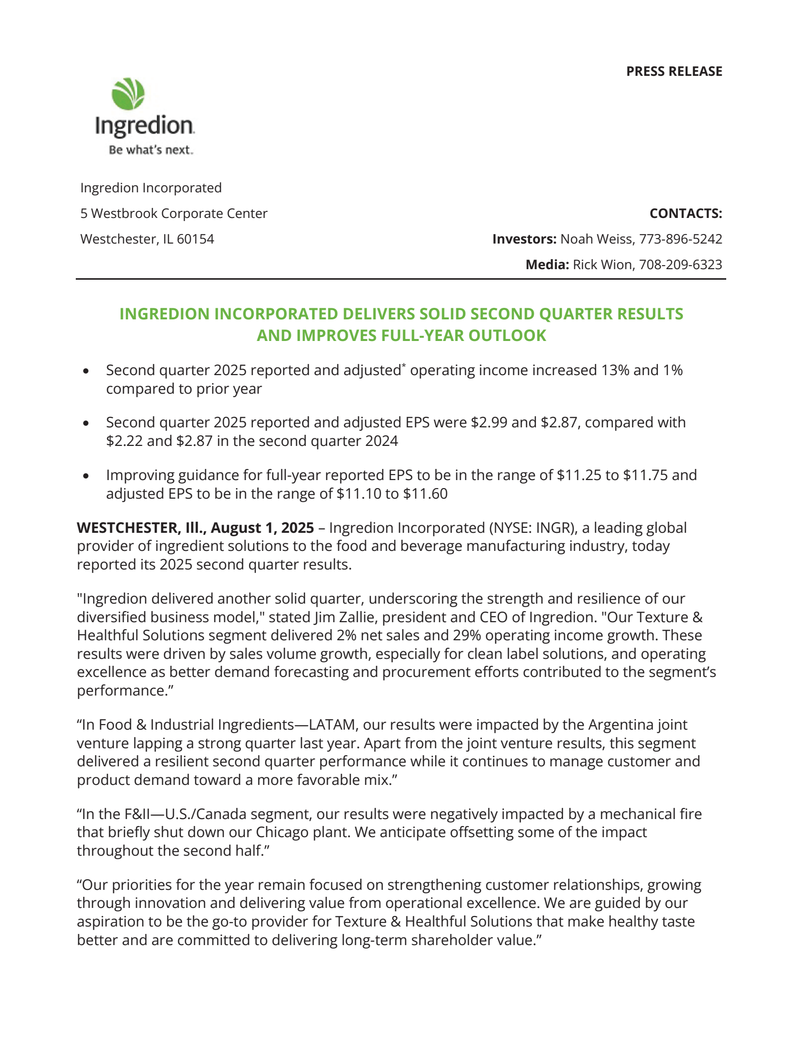 Ingredion's Q2 2025 Press Release