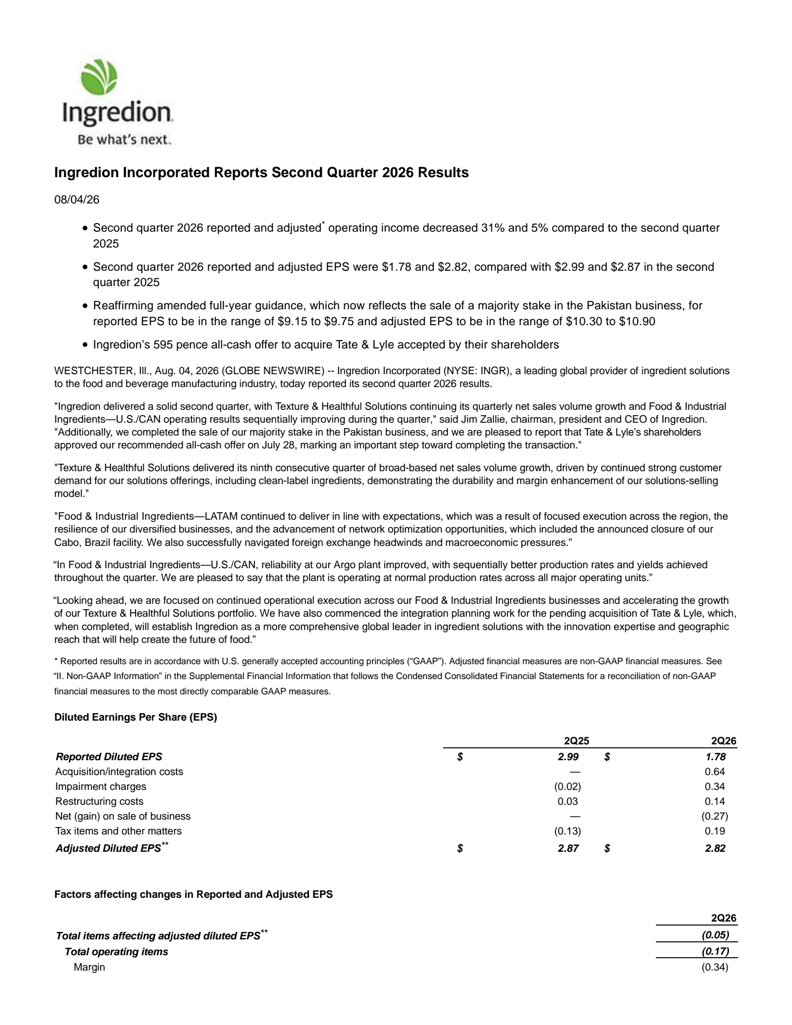 Ingredion's Q2 2026 Press Release