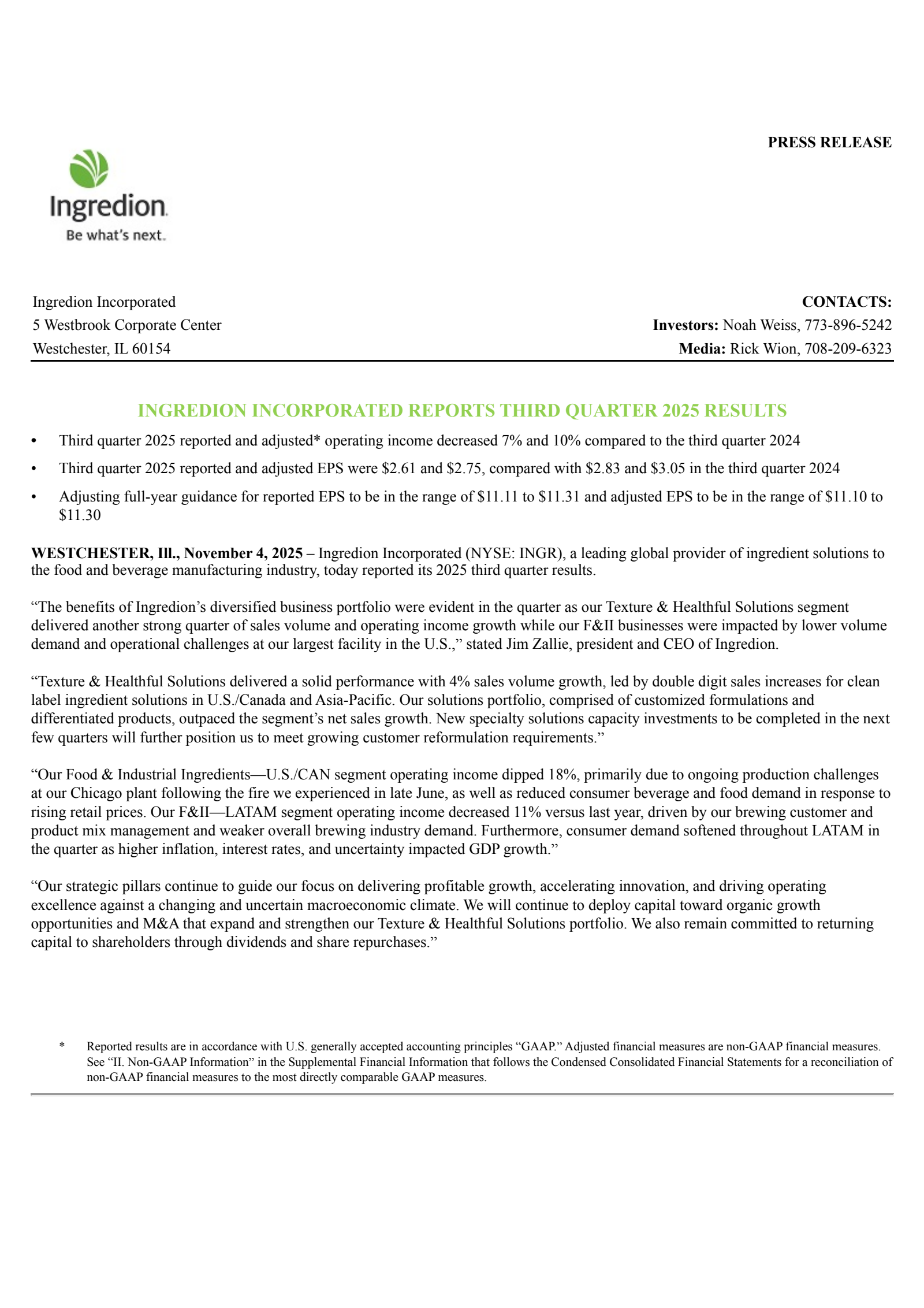 Ingredion's Q3 2025 Earnings Release