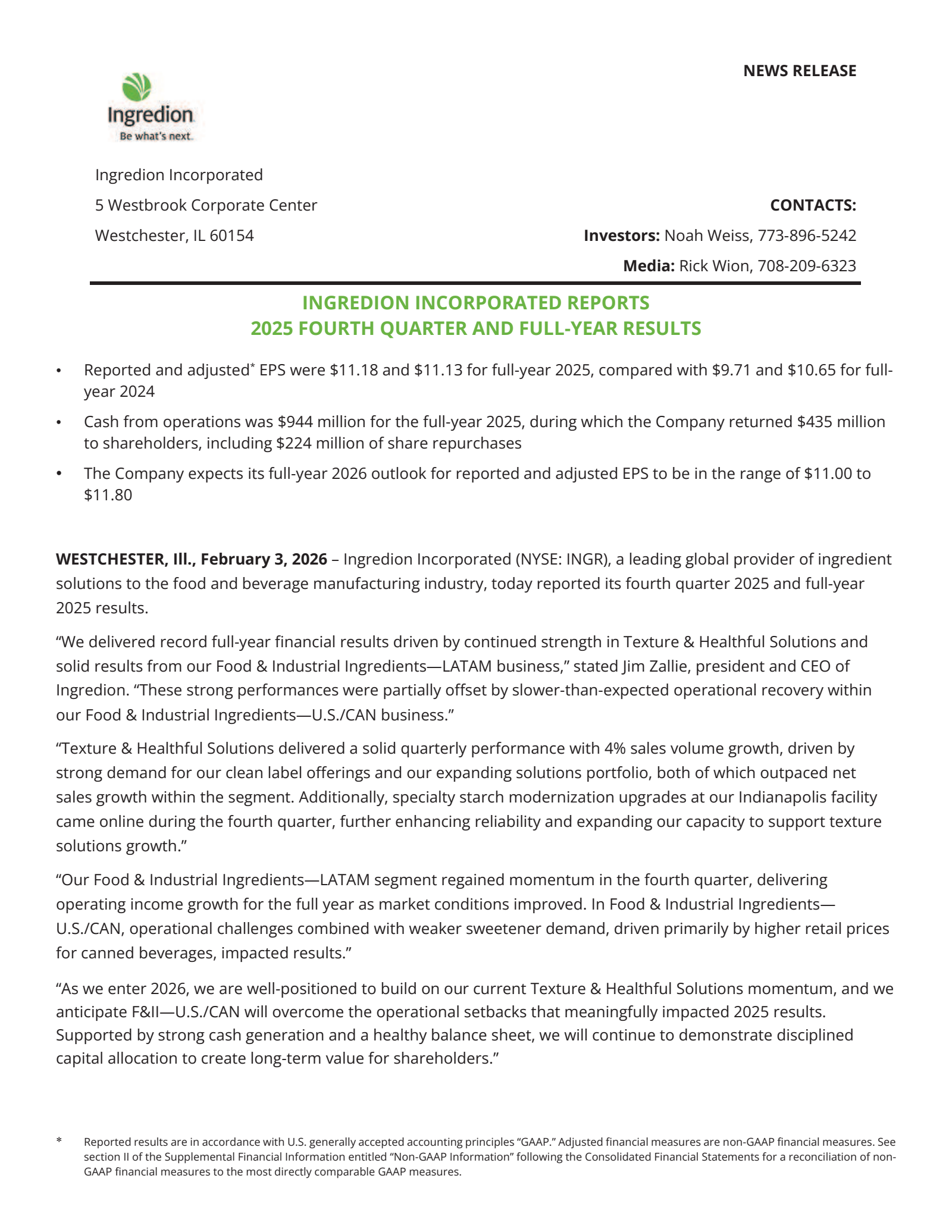 Ingredion's Q4 2025 Press Release