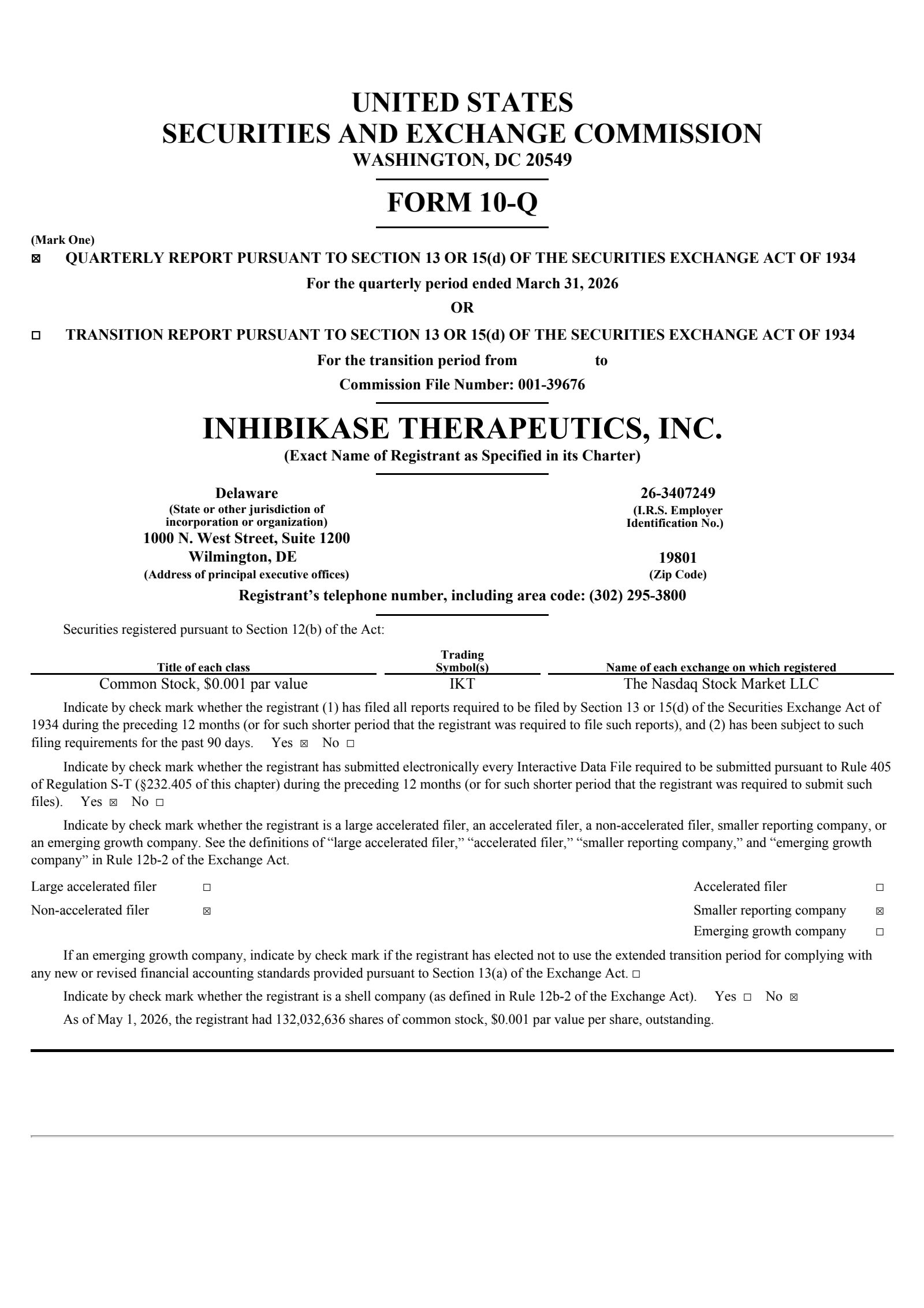 Inhibikase Therapeutics' Q1 2026 Quarterly report