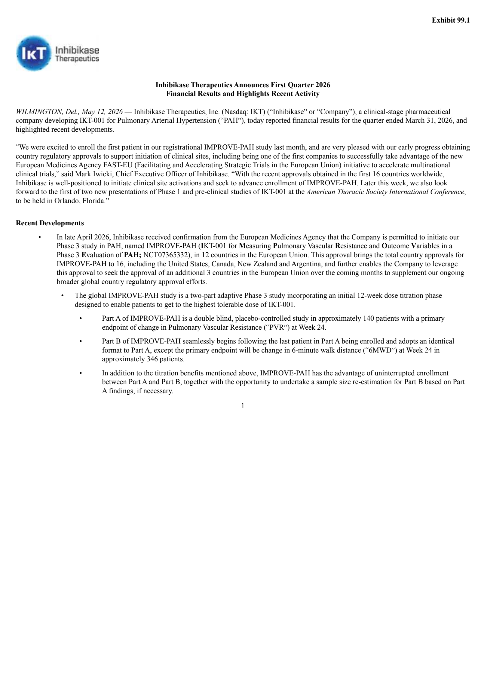 Inhibikase Therapeutics' Q1 2026 Press Release