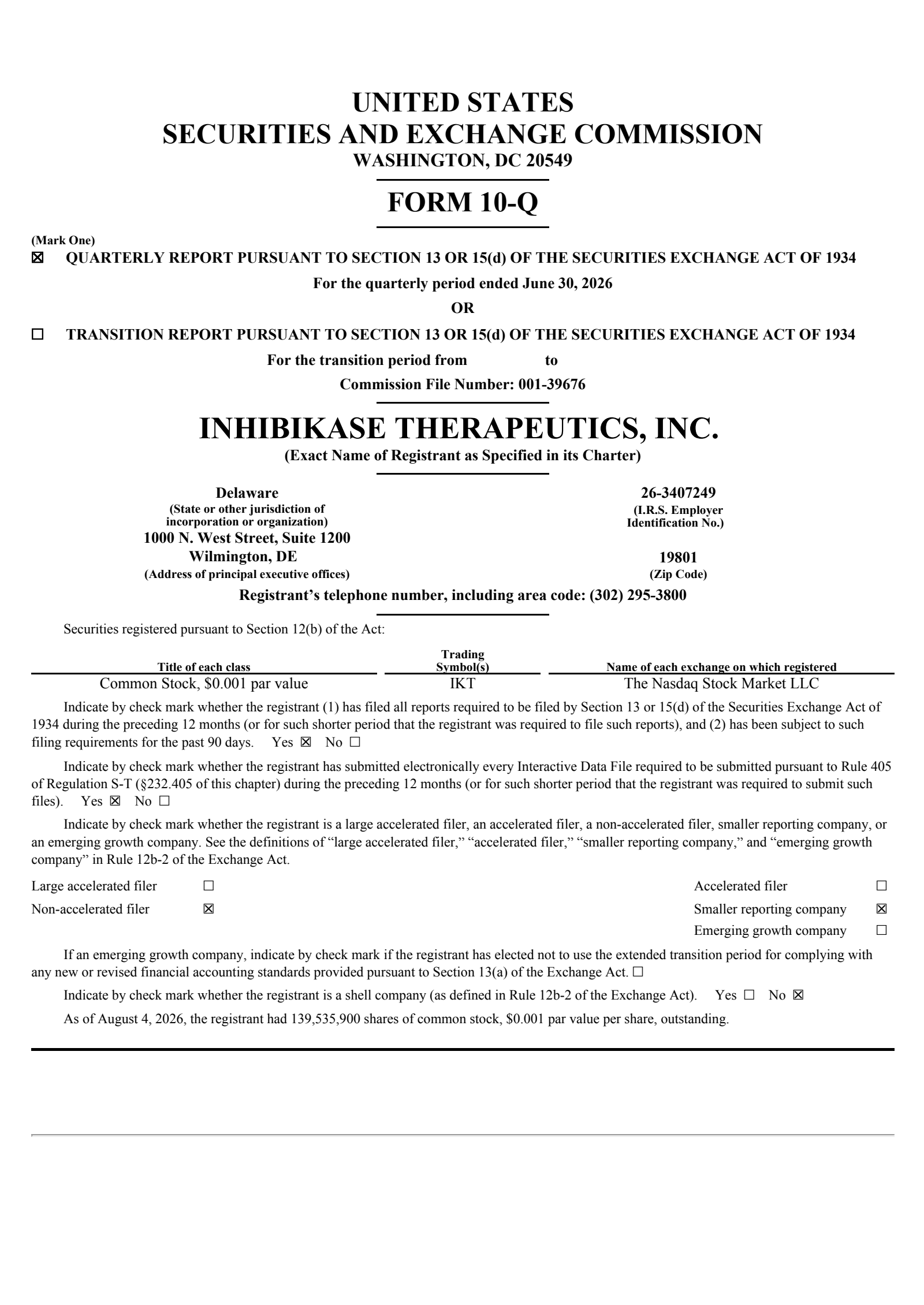 Inhibikase Therapeutics' Q2 2026 Quarterly report