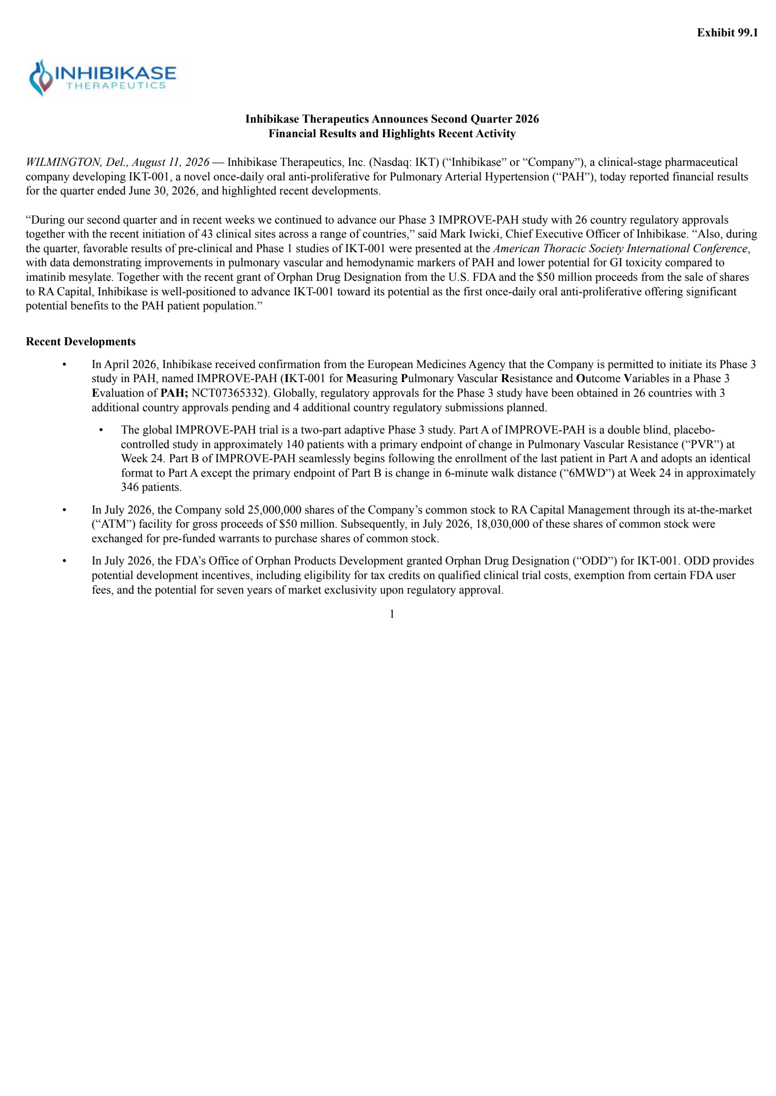Inhibikase Therapeutics' Q2 2026 Press Release