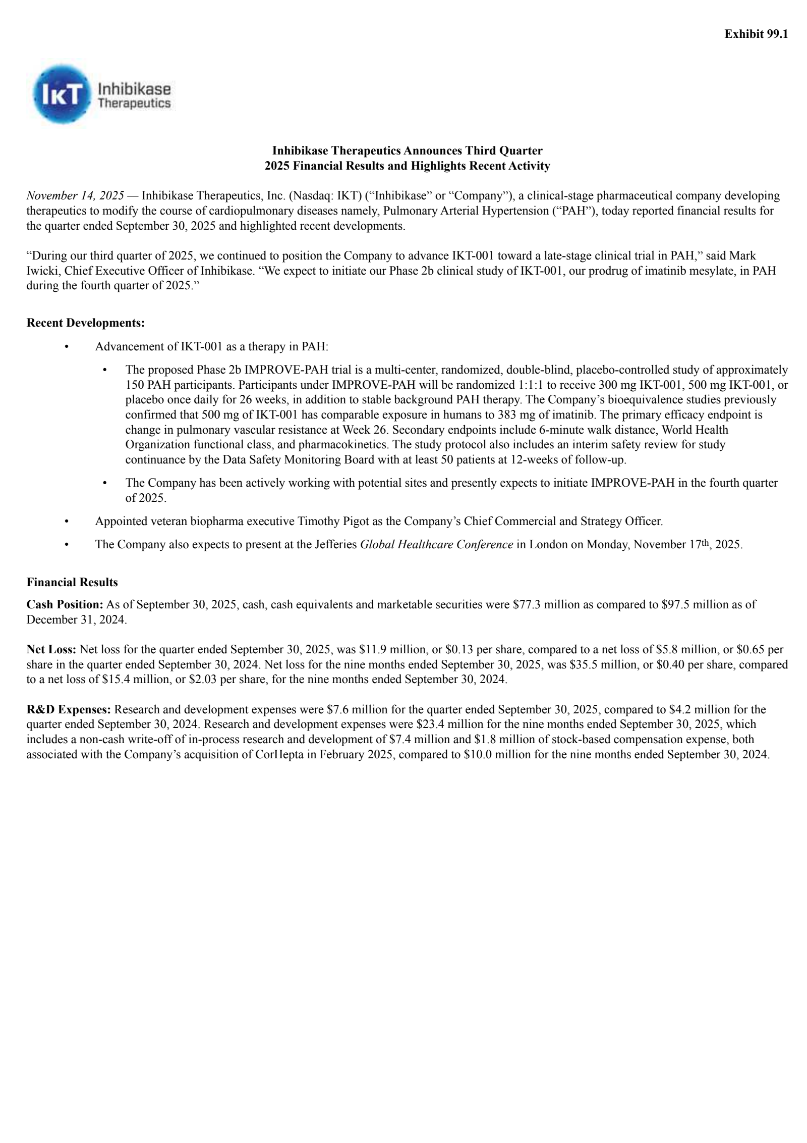 Inhibikase Therapeutics' Q3 2025 Earnings Release