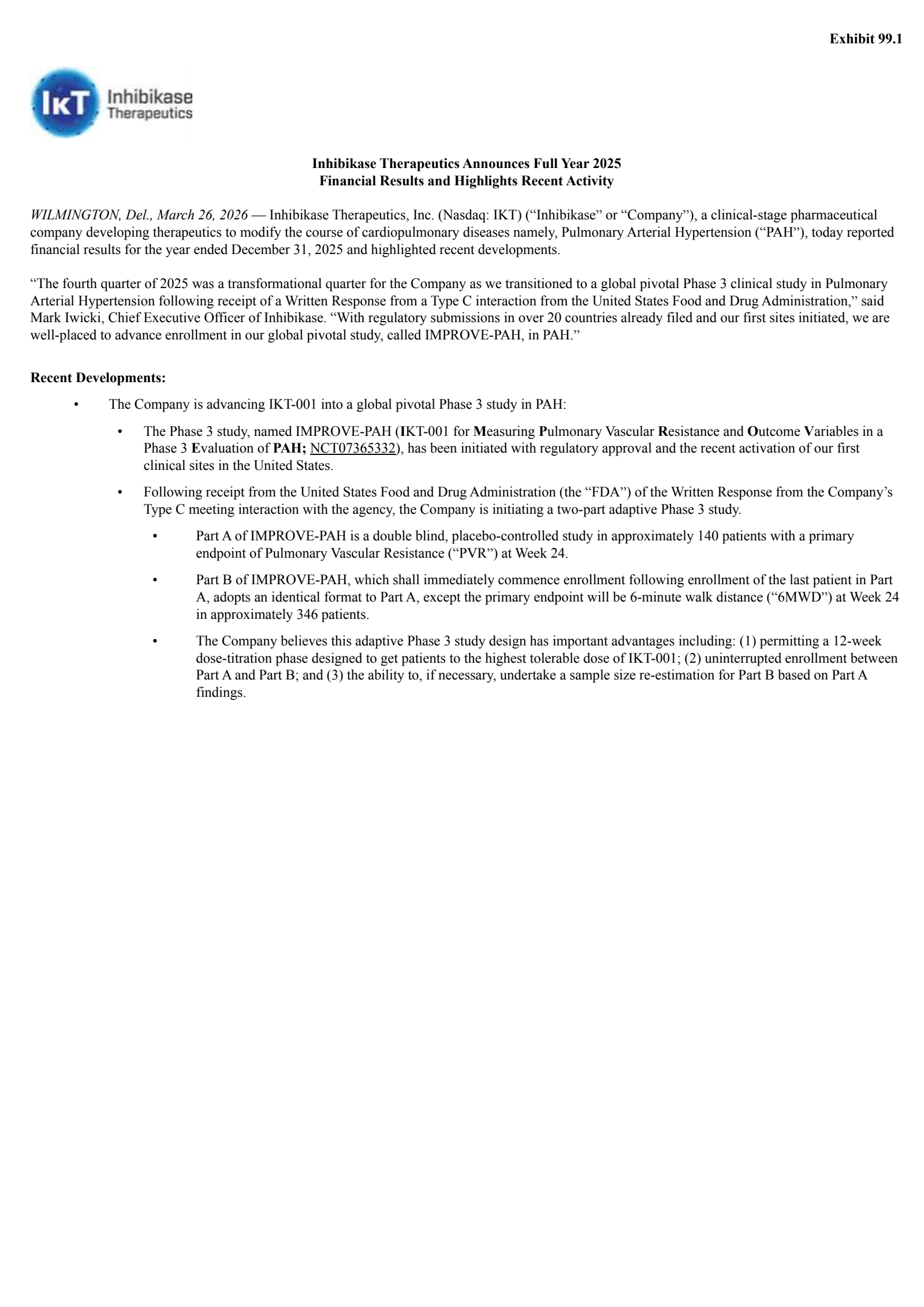 Inhibikase Therapeutics' Q4 2025 Press Release